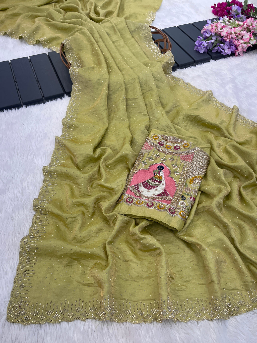 SUDHA Satin Embellished Embroidered Saree - Pista