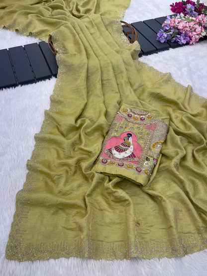 SUDHA Satin Embellished Embroidered Saree - Pista