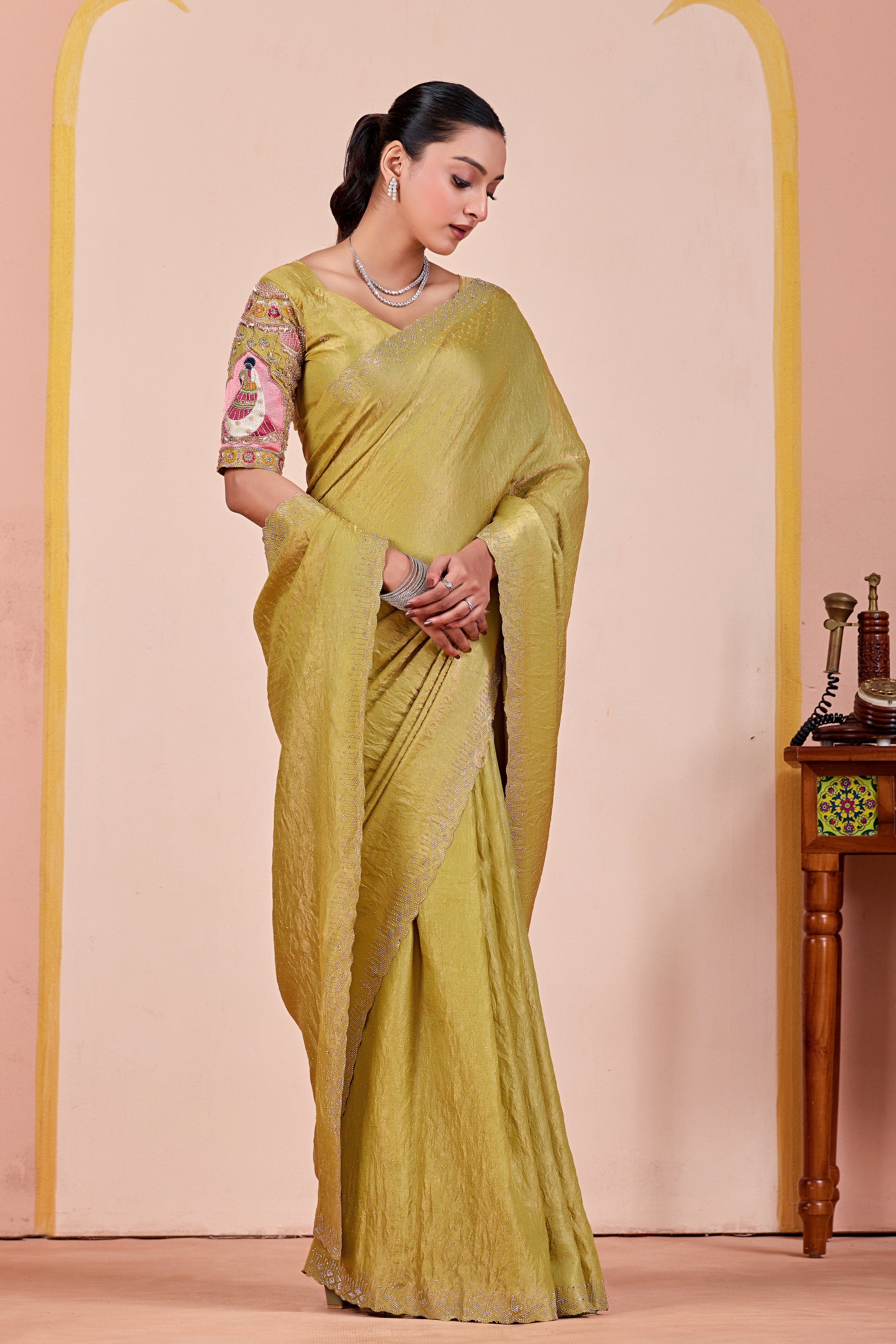 SUDHA Satin Embellished Embroidered Saree - Pista
