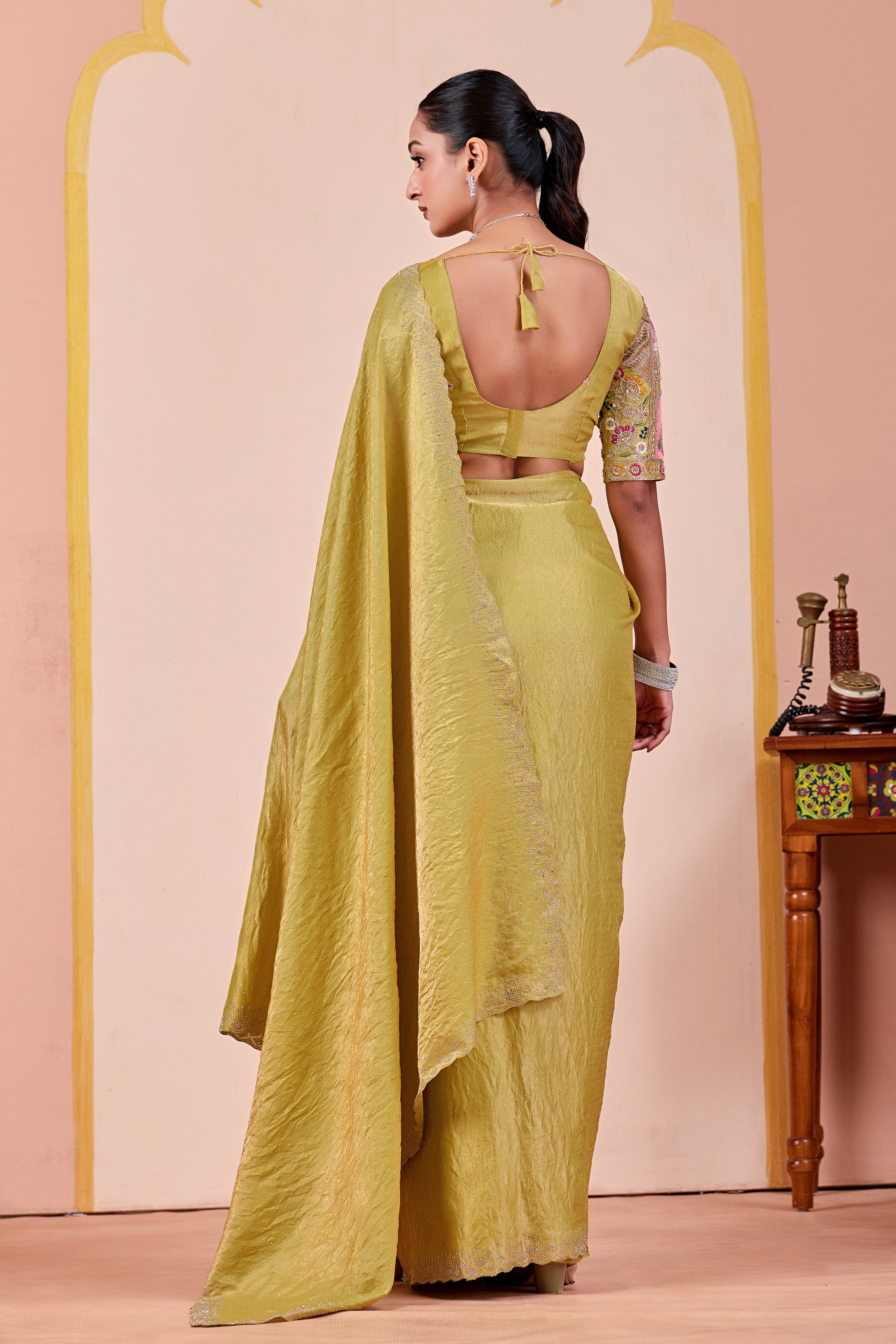 SUDHA Satin Embellished Embroidered Saree - Pista