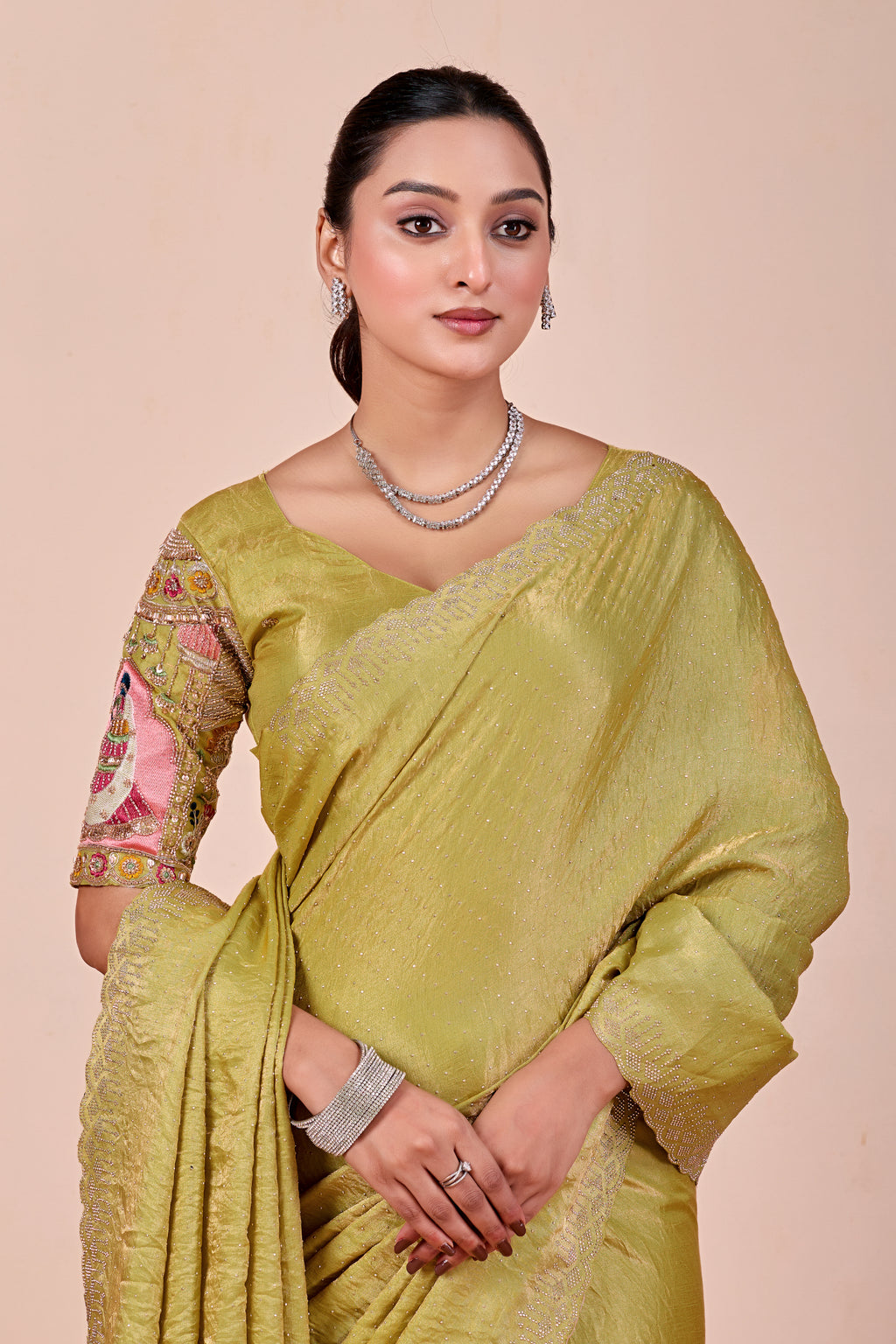 SUDHA Satin Embellished Embroidered Saree - Pista