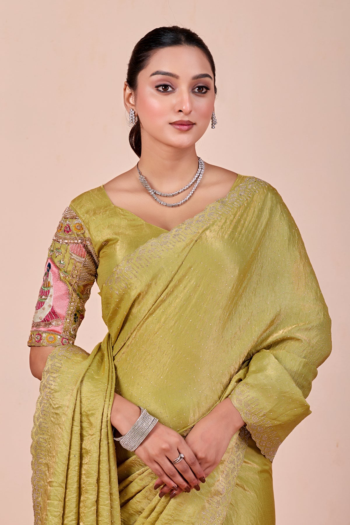 SUDHA Satin Embellished Embroidered Saree - Pista