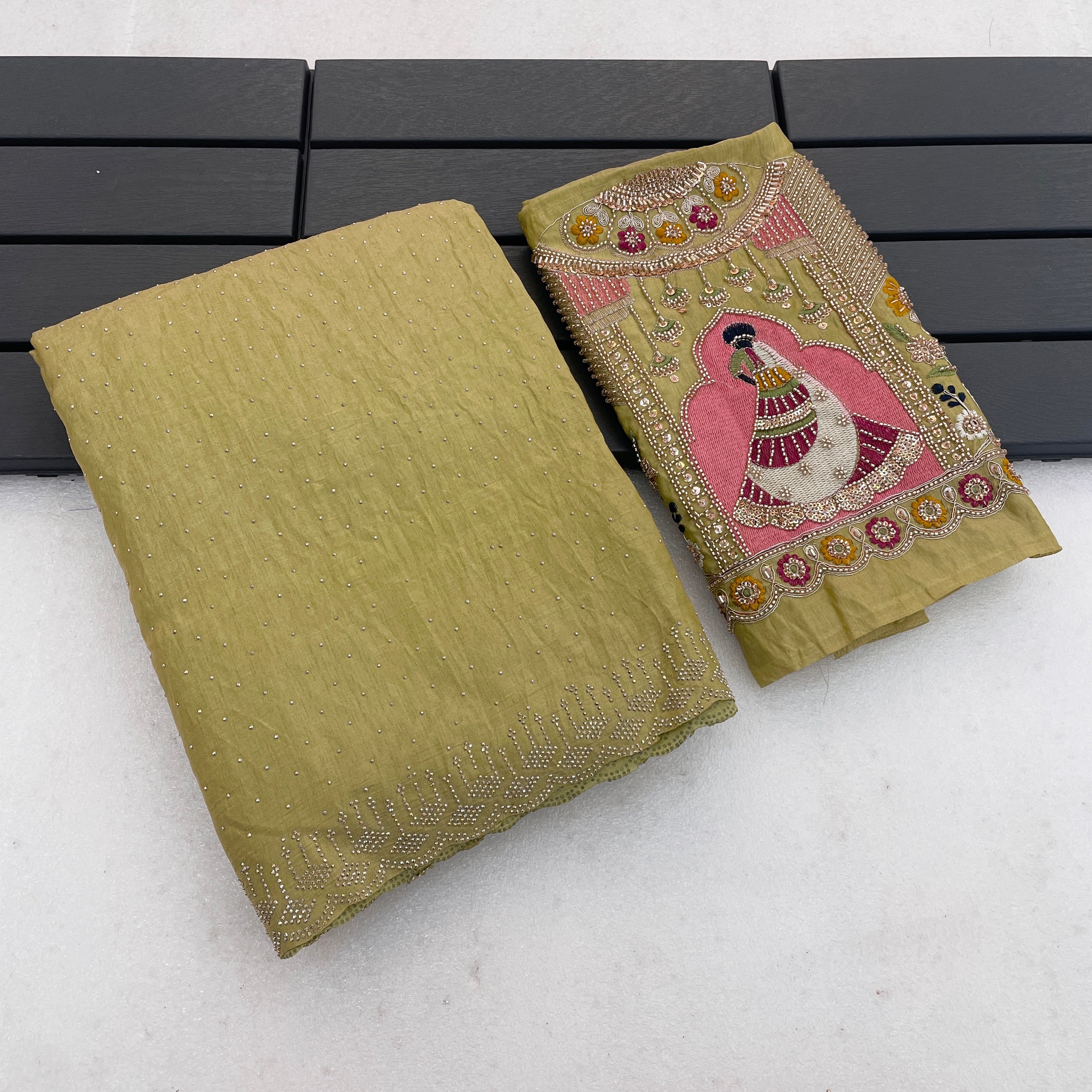 SUDHA Satin Embellished Embroidered Saree - Pista
