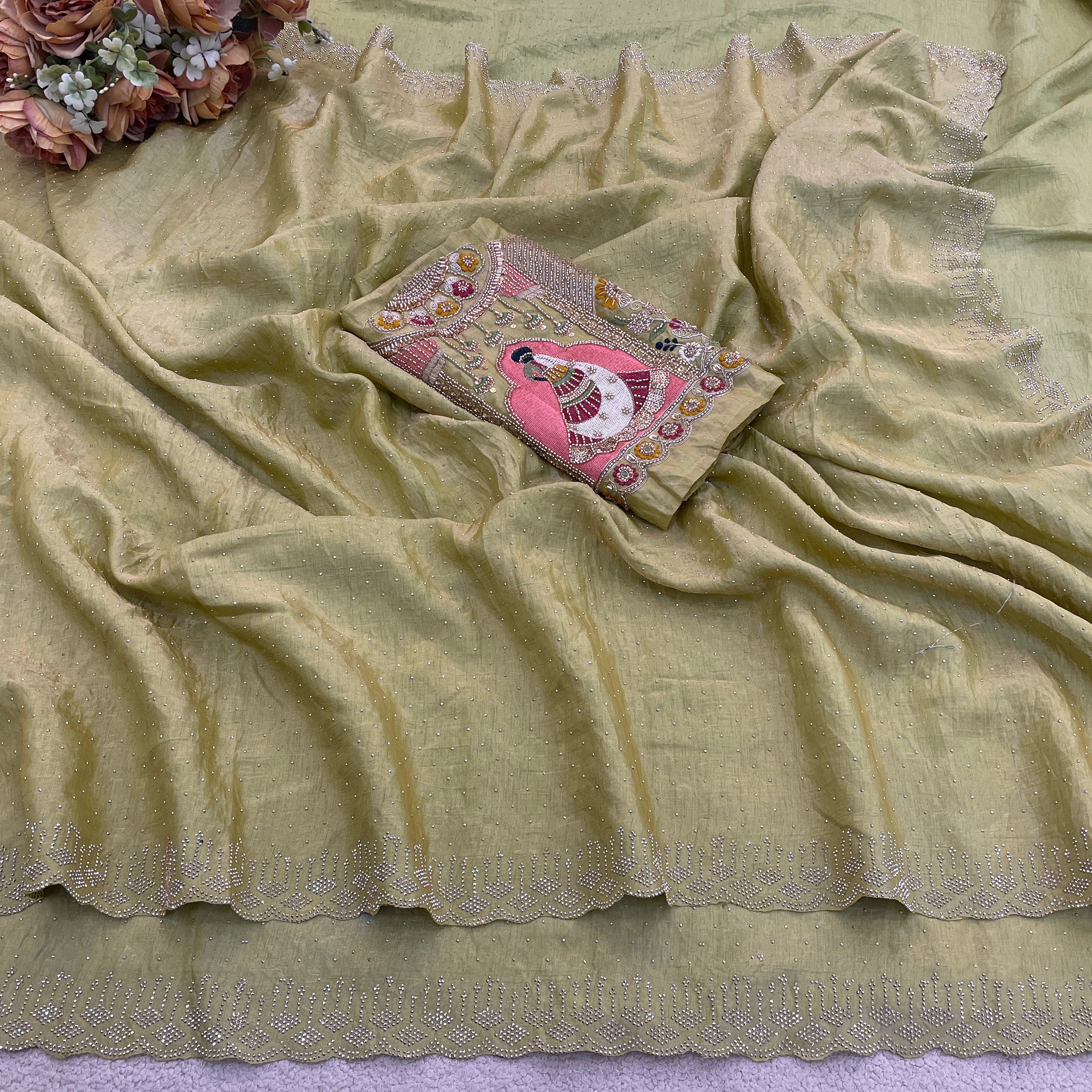 SUDHA Satin Embellished Embroidered Saree - Pista