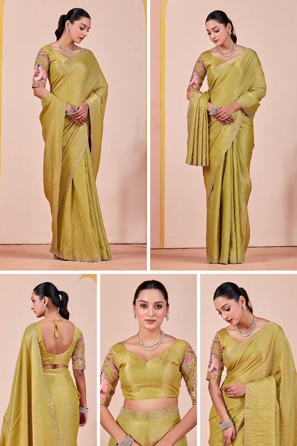 SUDHA Satin Embellished Embroidered Saree - Pista