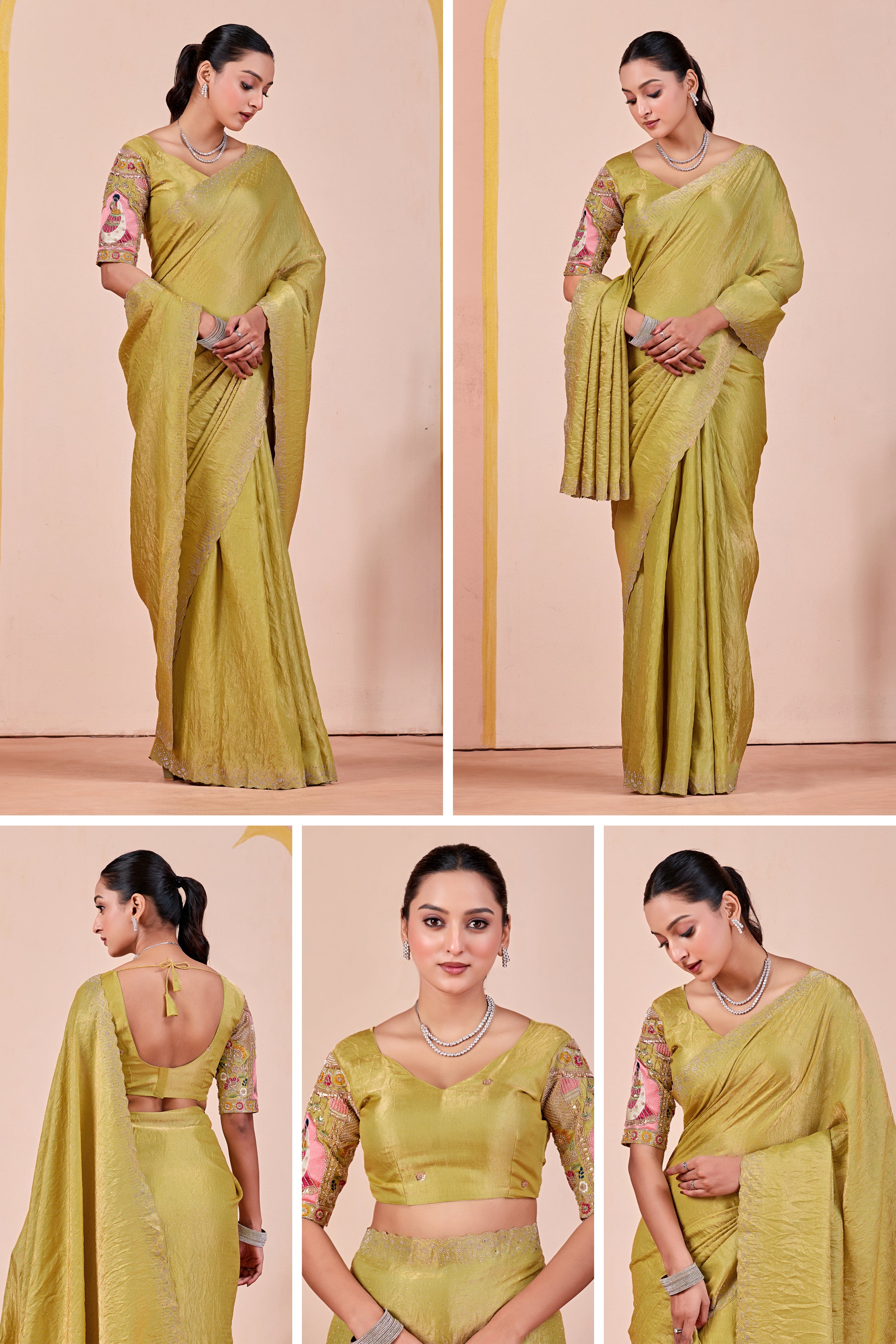 SUDHA Satin Embellished Embroidered Saree - Pista