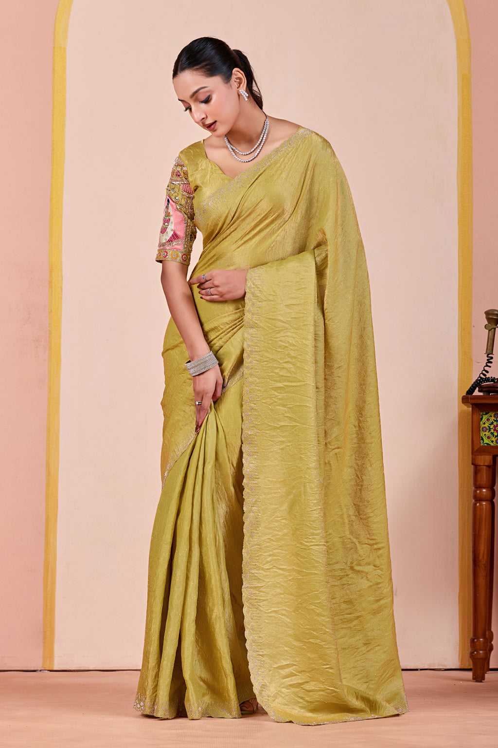 SUDHA Satin Embellished Embroidered Saree - Pista