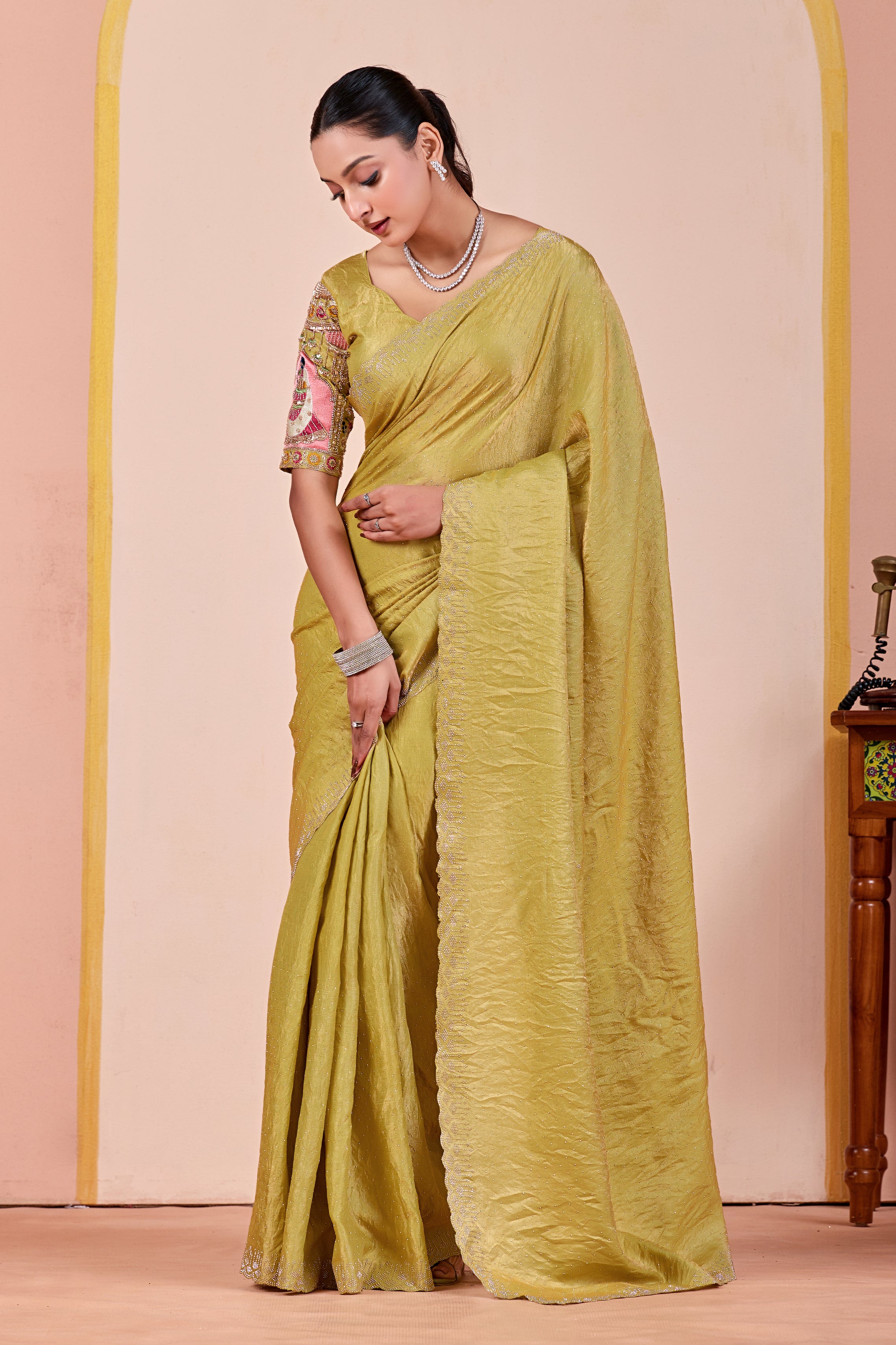SUDHA Satin Embellished Embroidered Saree - Pista