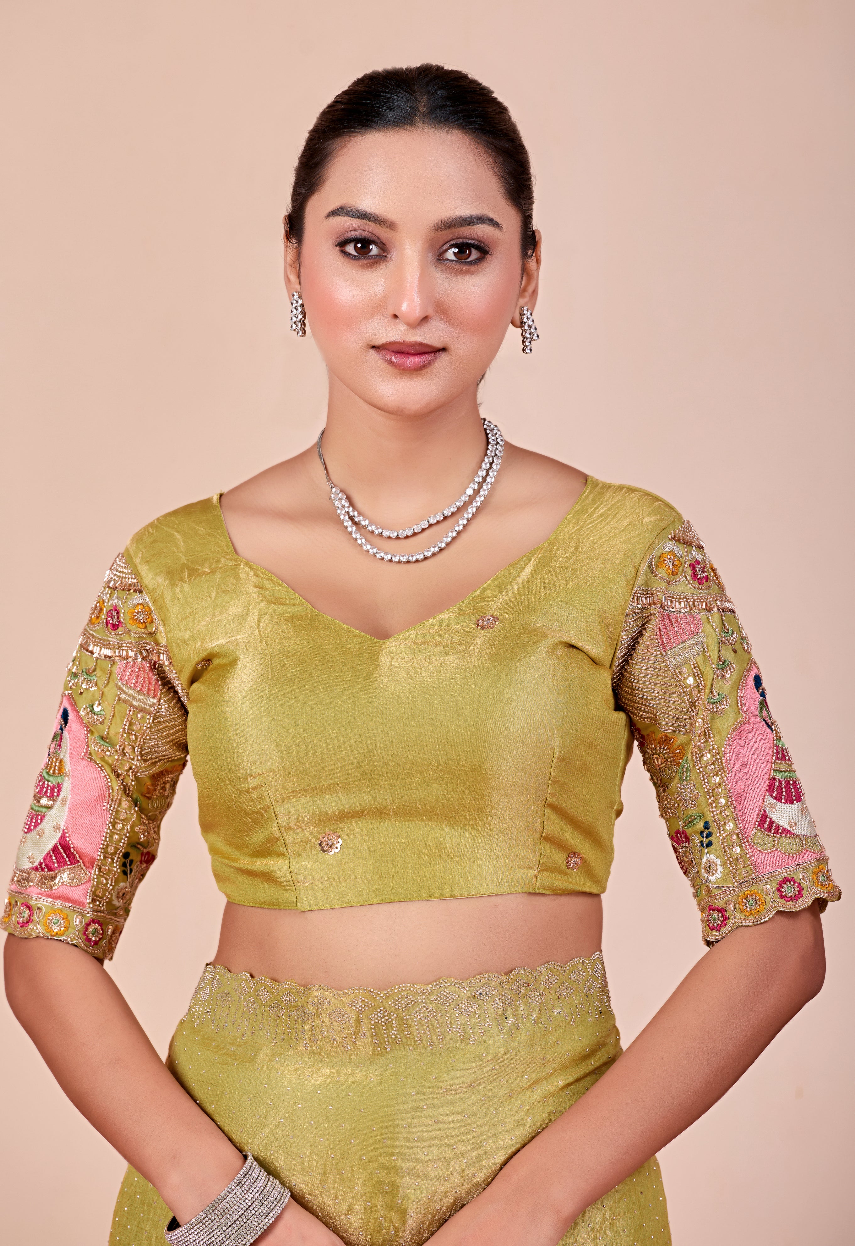 SUDHA Satin Embellished Embroidered Saree - Pista