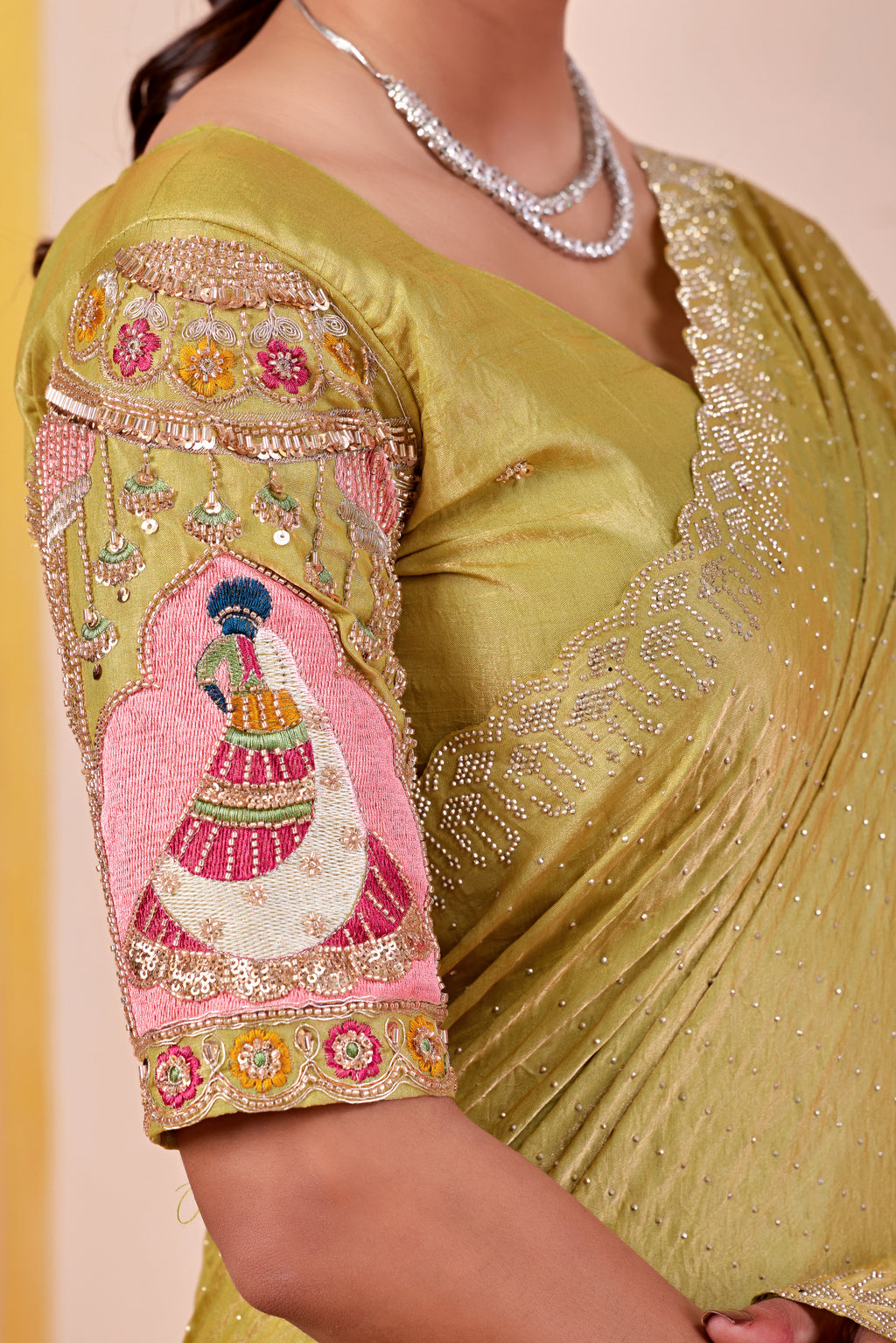 SUDHA Satin Embellished Embroidered Saree - Pista