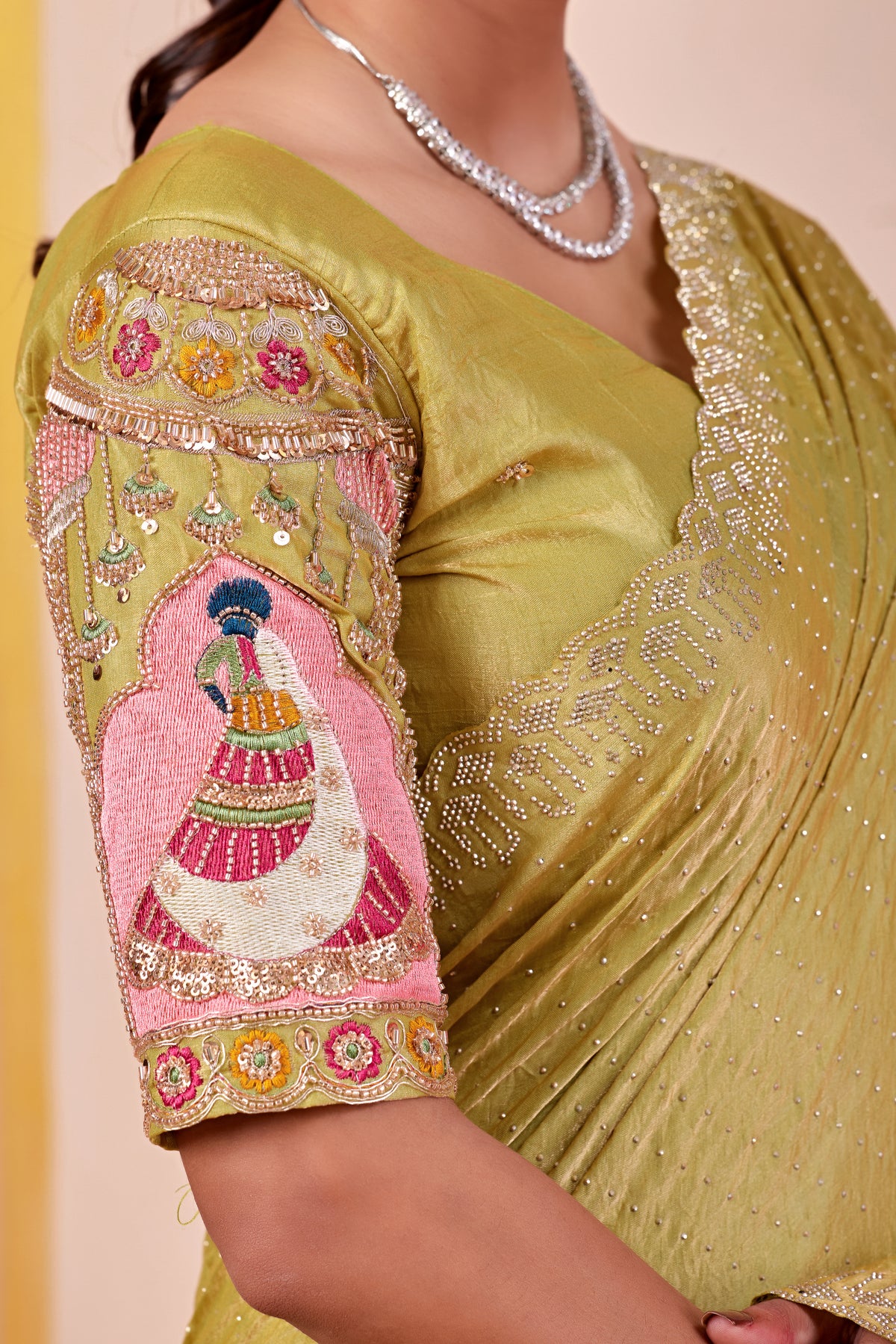 SUDHA Satin Embellished Embroidered Saree - Pista
