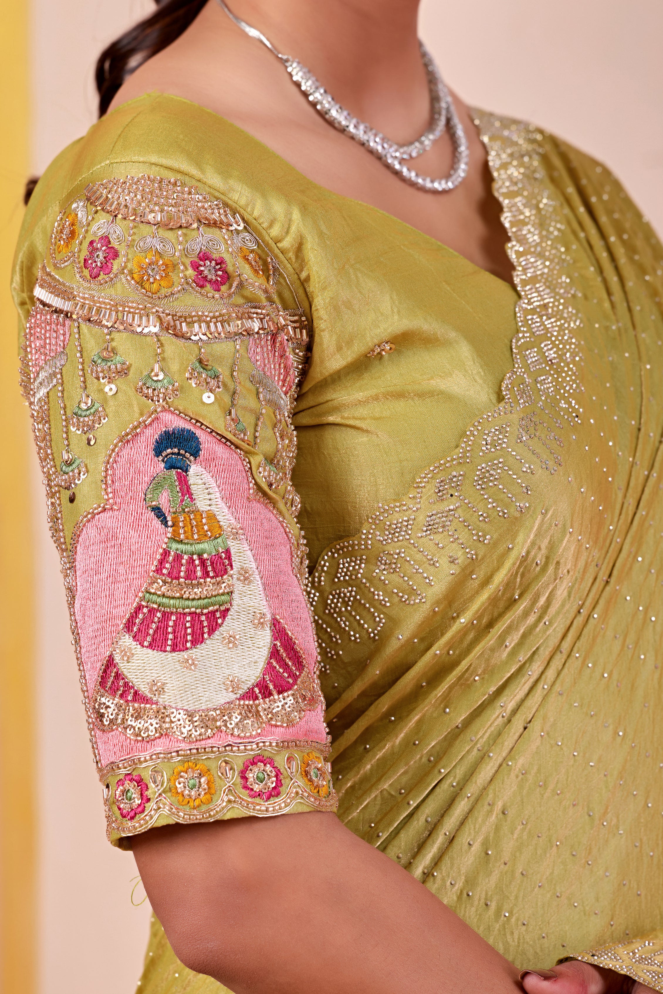 SUDHA Satin Embellished Embroidered Saree - Pista