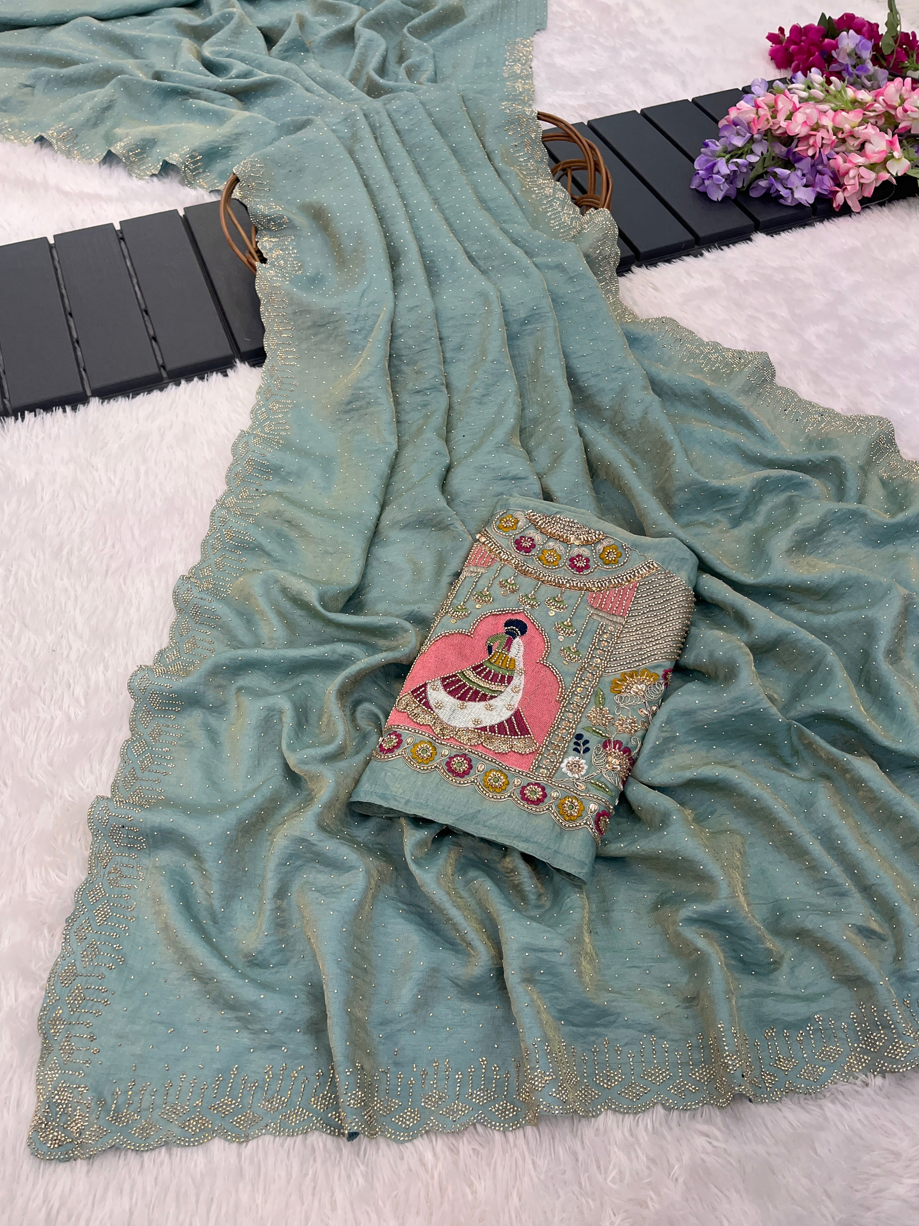 SUDHA Satin Embellished Embroidered Saree - Sky