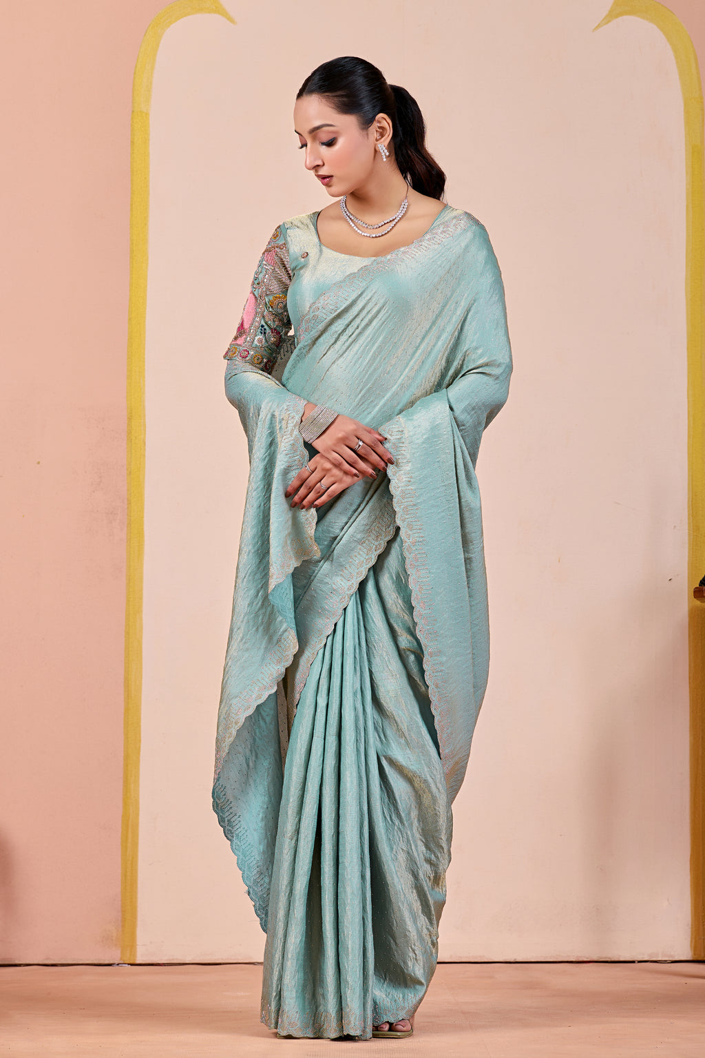 SUDHA Satin Embellished Embroidered Saree - Sky