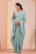 SUDHA Satin Embellished Embroidered Saree - Sky