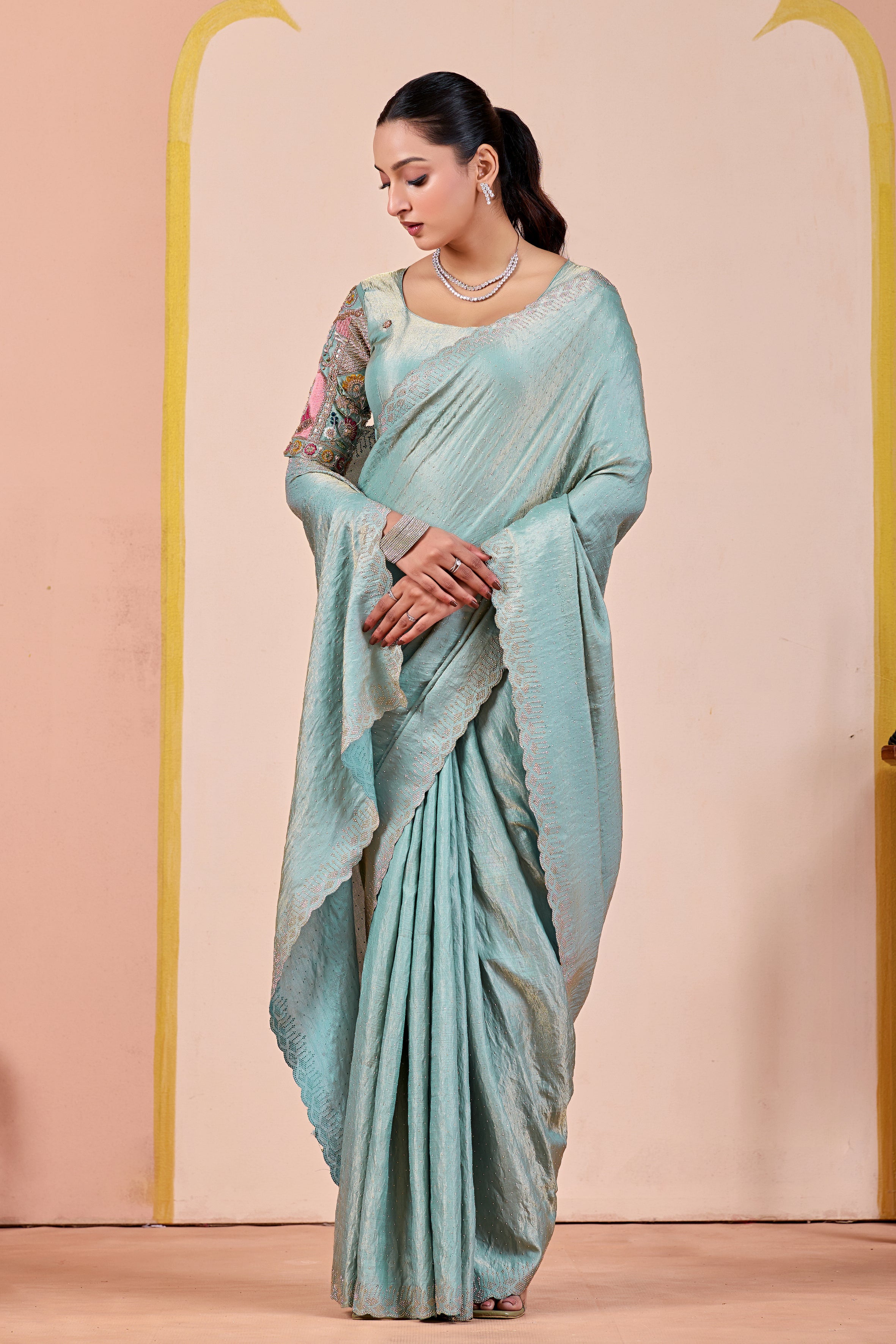 SUDHA Satin Embellished Embroidered Saree - Sky