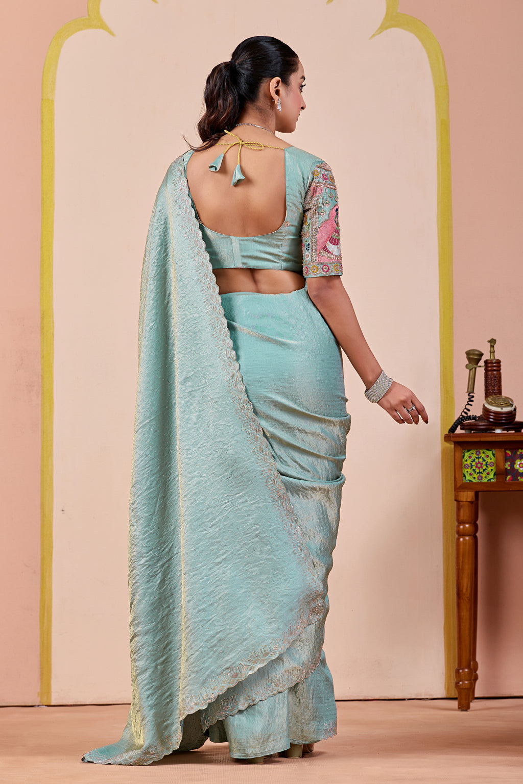 SUDHA Satin Embellished Embroidered Saree - Sky