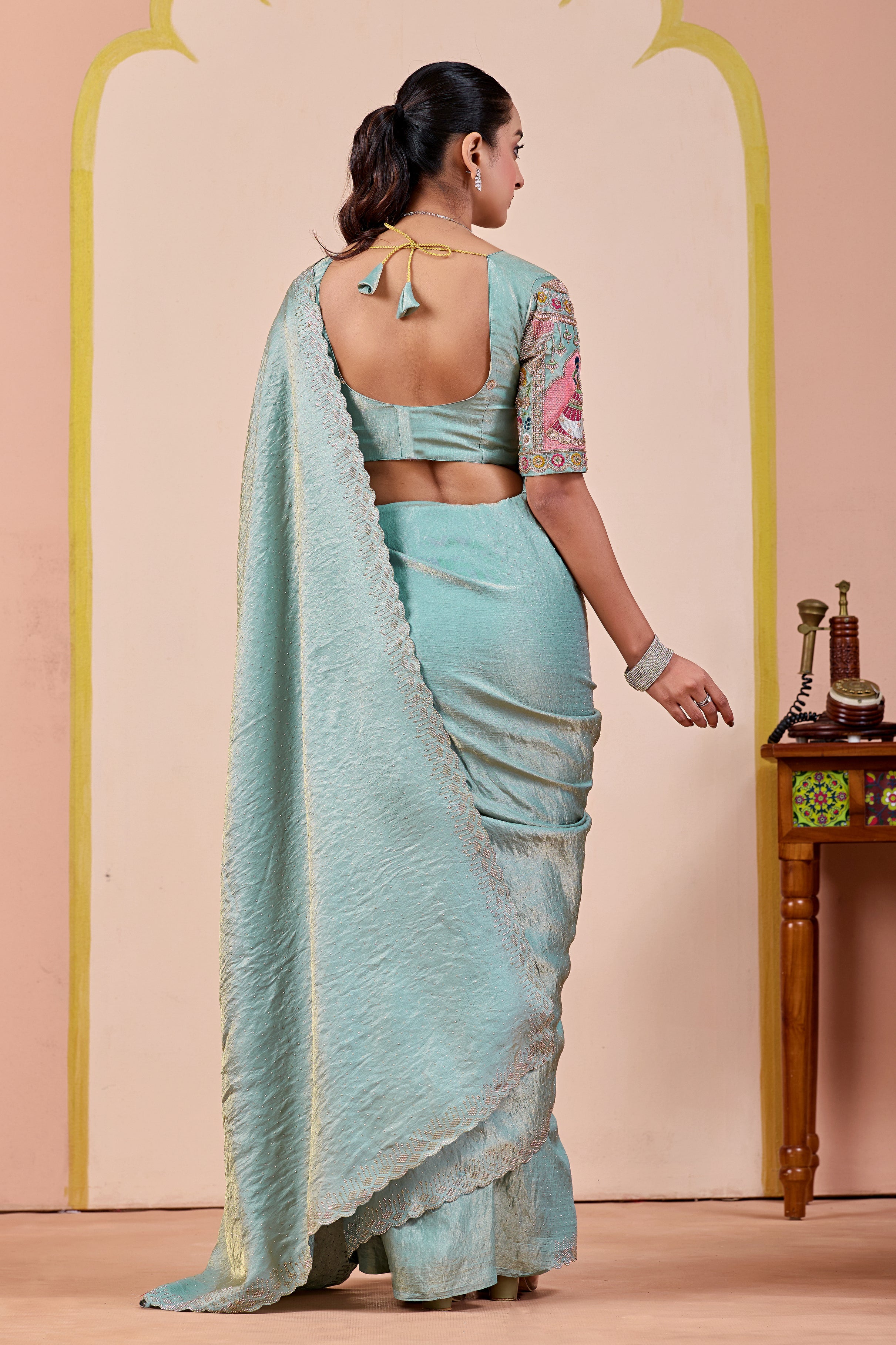 SUDHA Satin Embellished Embroidered Saree - Sky