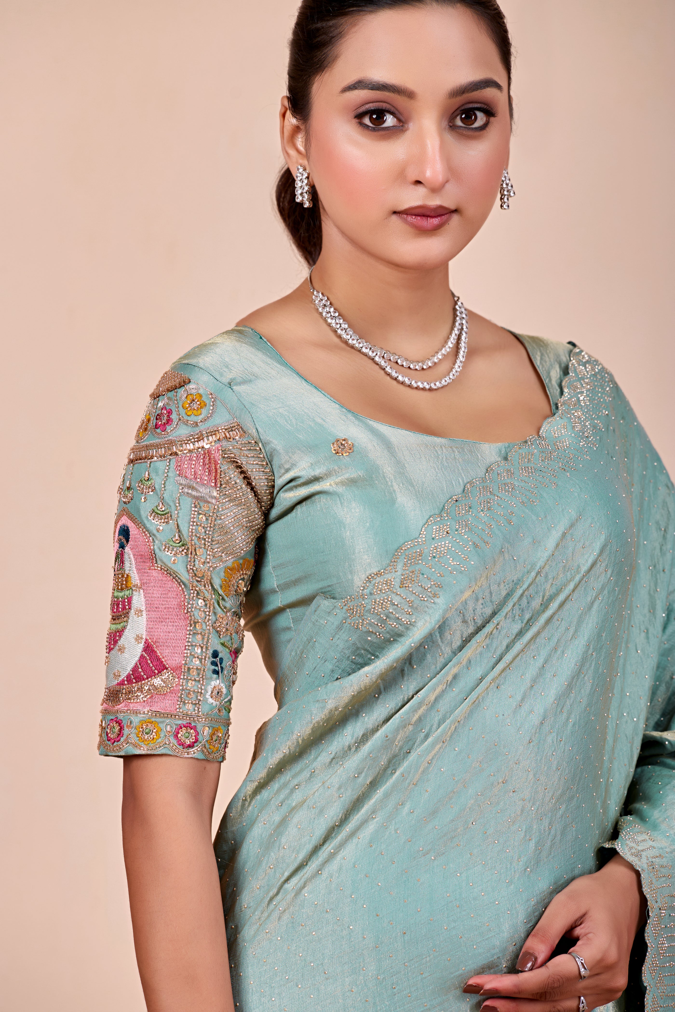SUDHA Satin Embellished Embroidered Saree - Sky