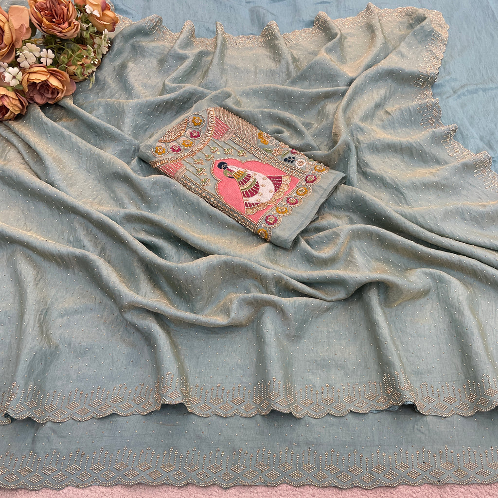 SUDHA Satin Embellished Embroidered Saree - Sky