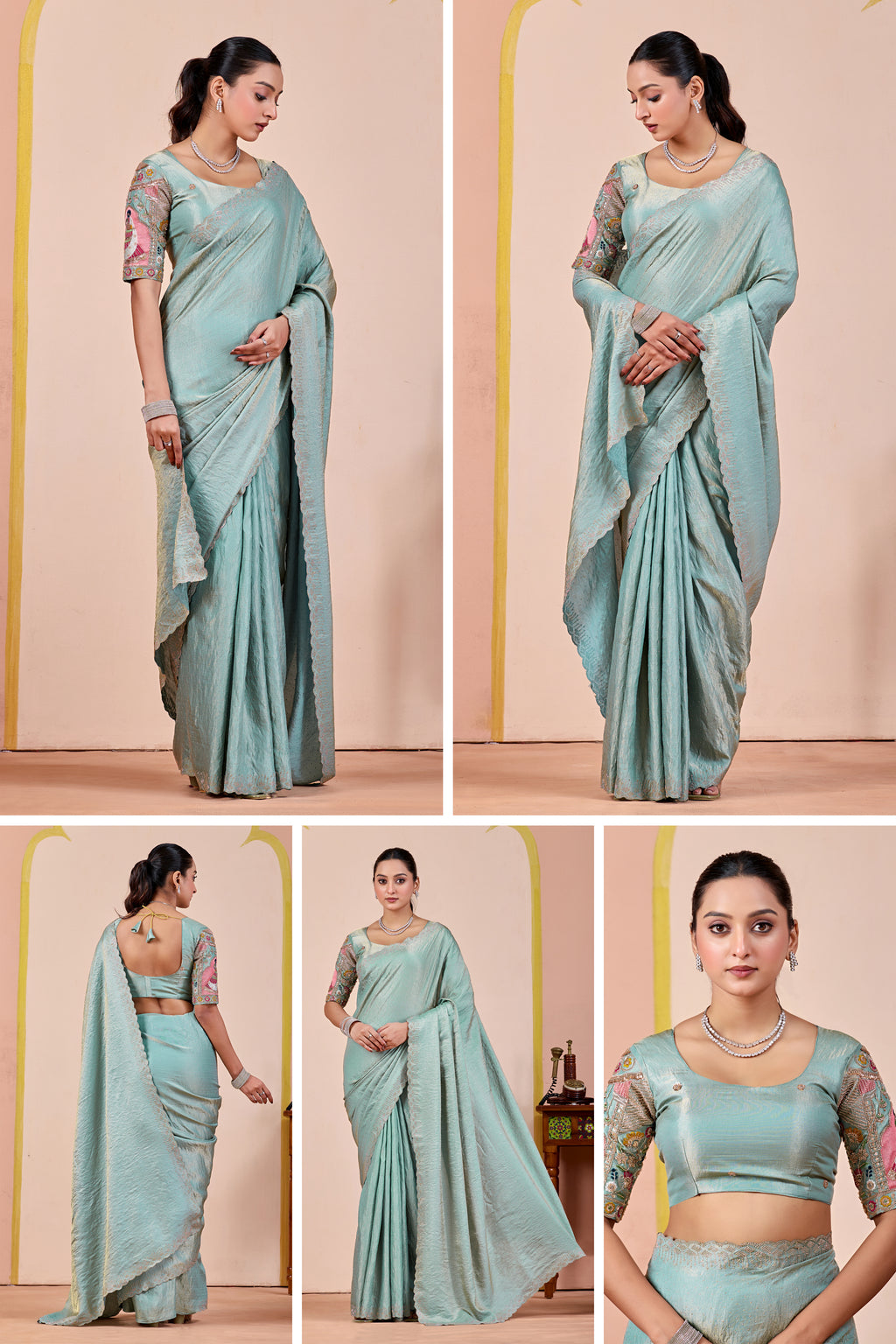 SUDHA Satin Embellished Embroidered Saree - Sky