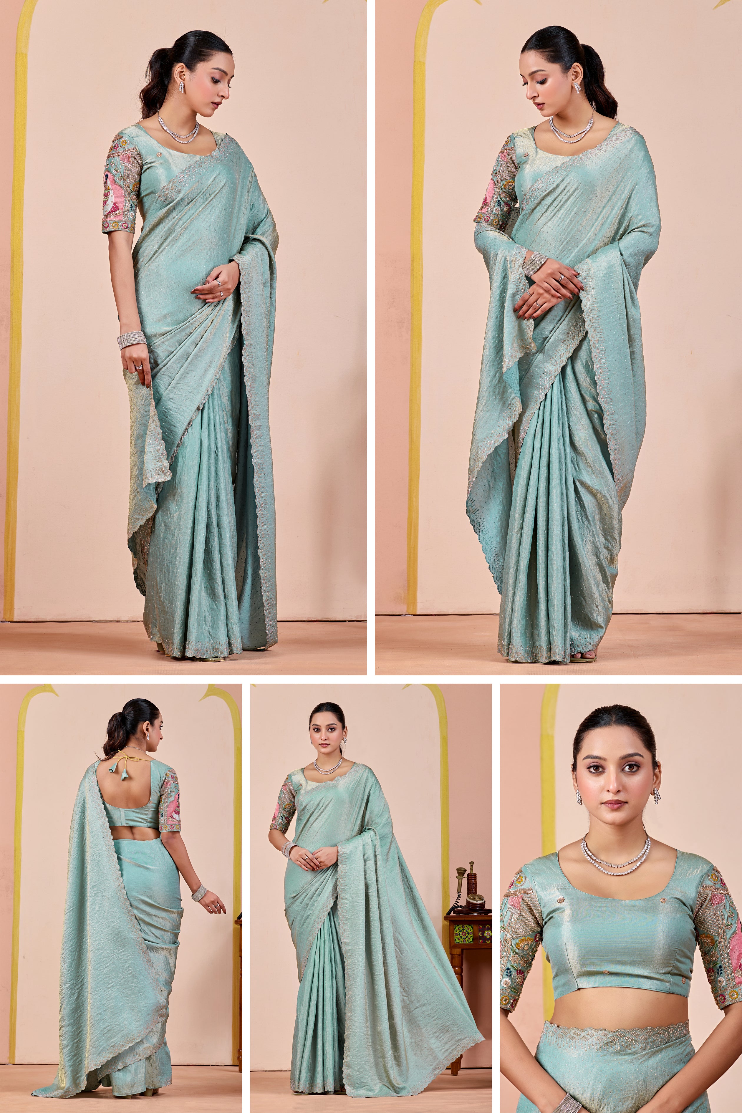 SUDHA Satin Embellished Embroidered Saree - Sky