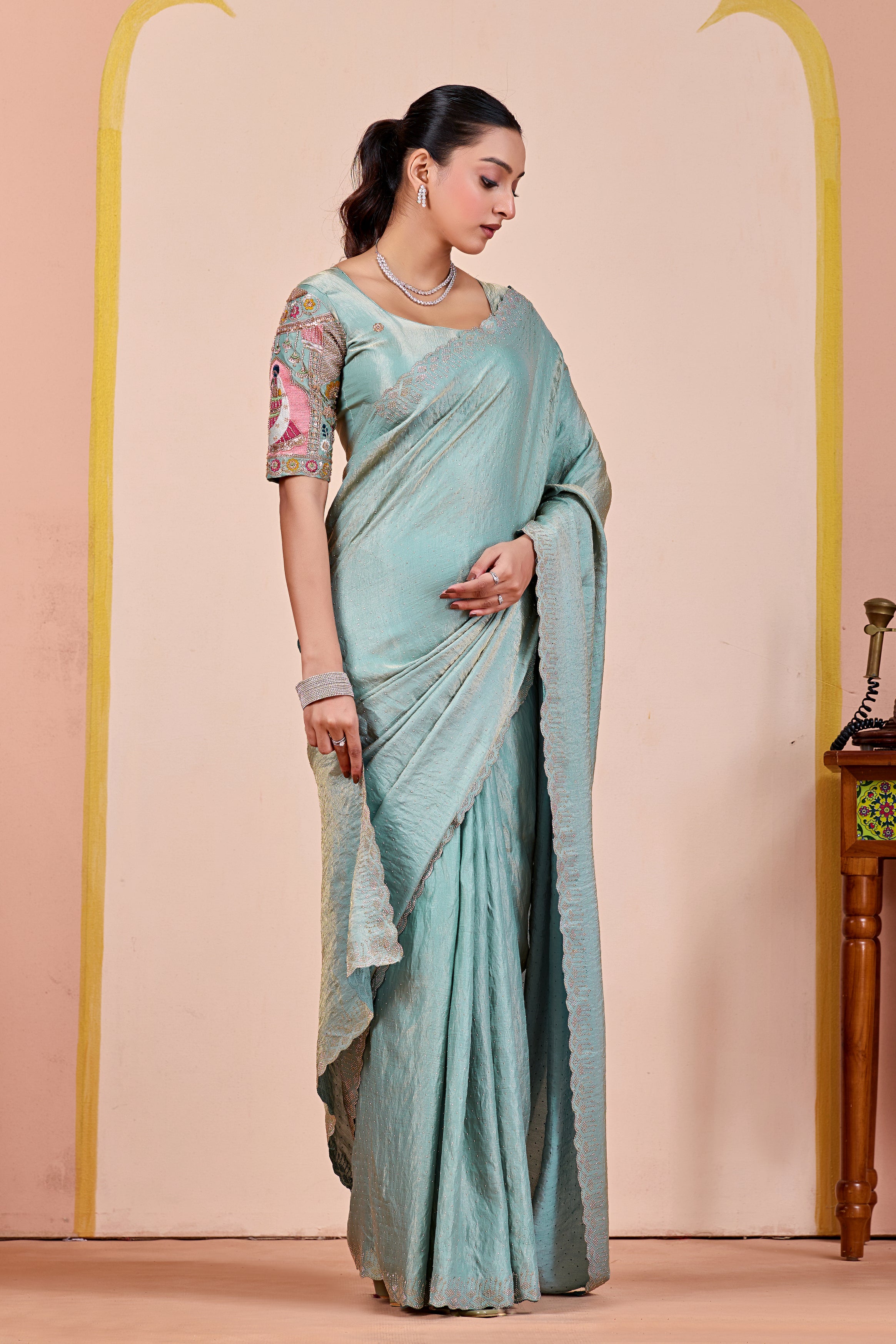 SUDHA Satin Embellished Embroidered Saree - Sky