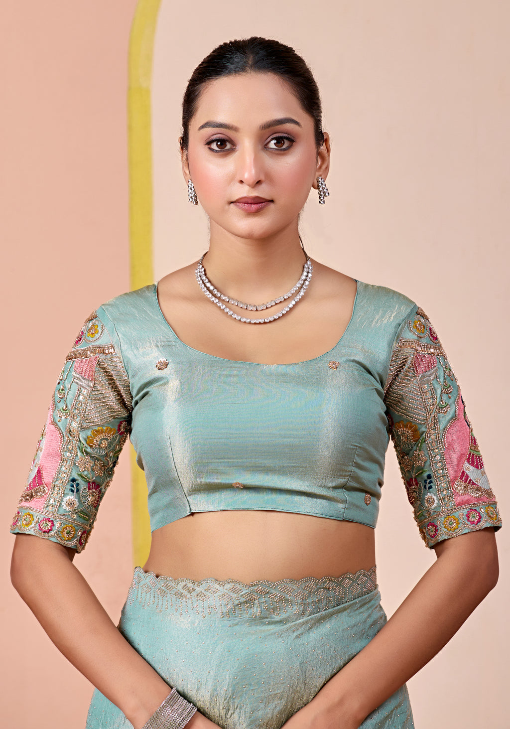 SUDHA Satin Embellished Embroidered Saree - Sky