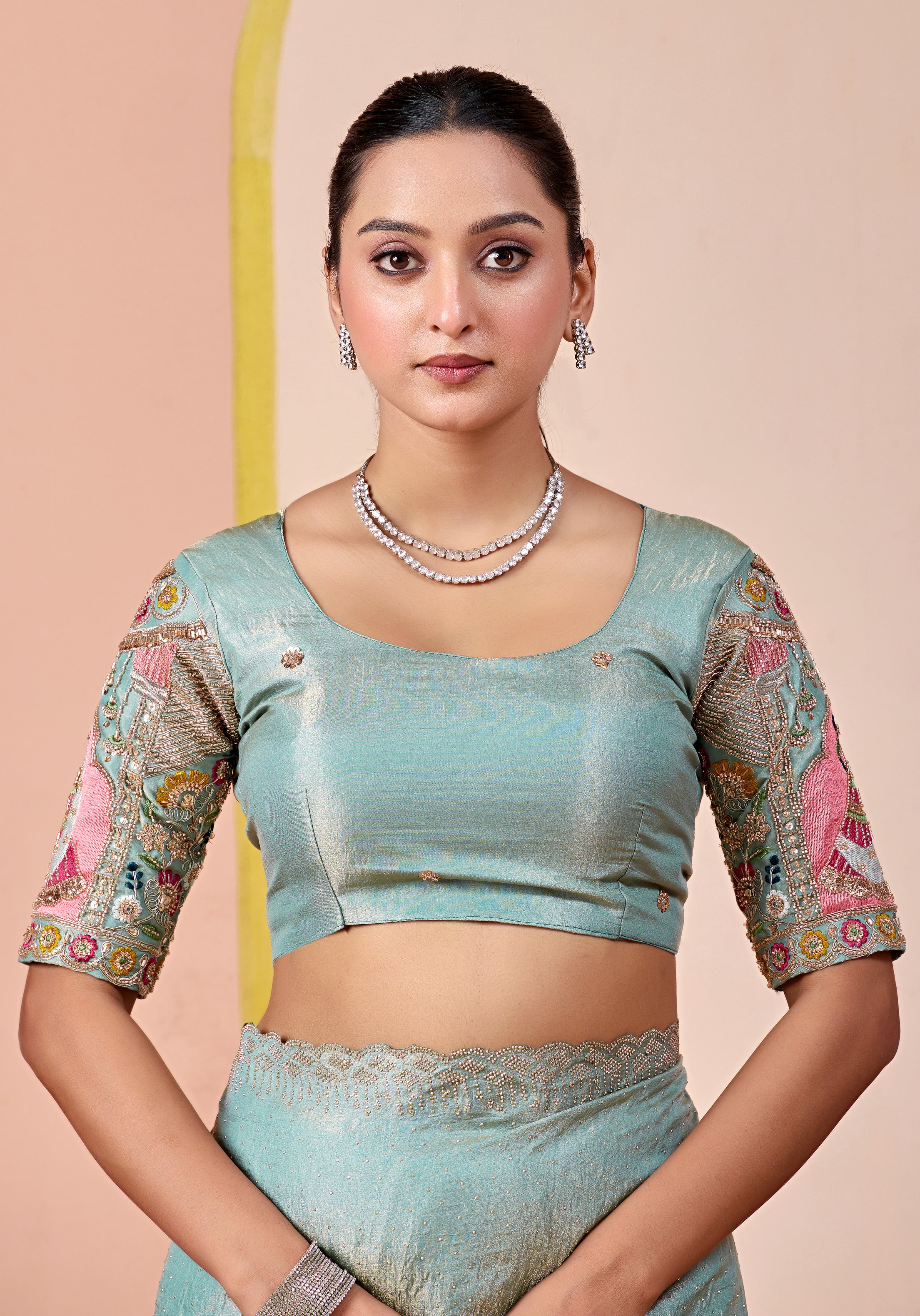SUDHA Satin Embellished Embroidered Saree - Sky