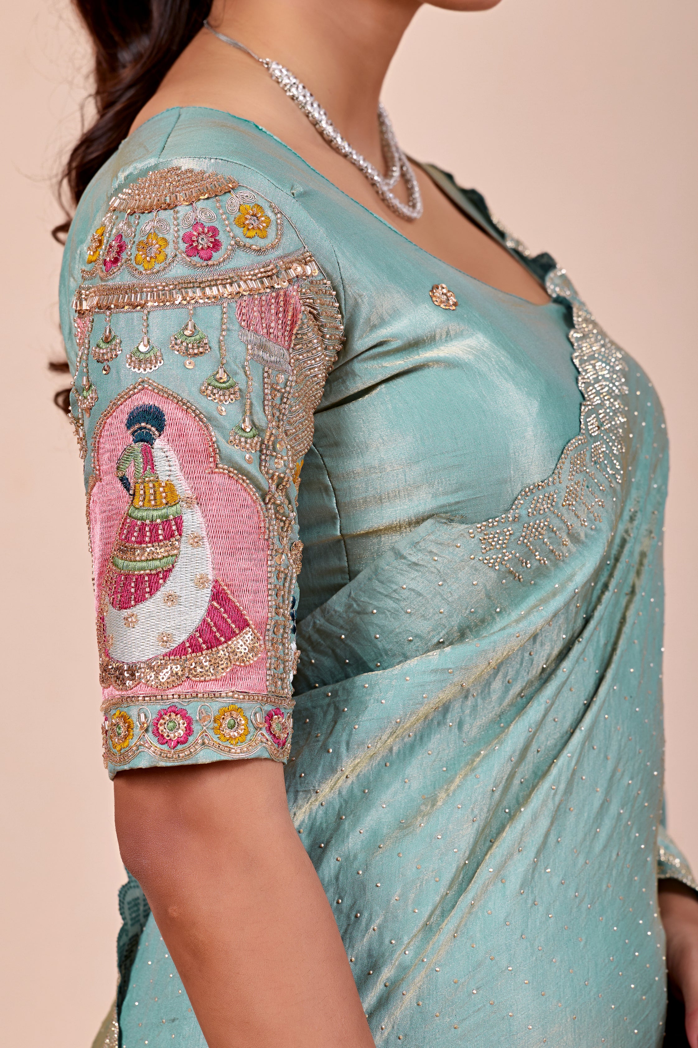 SUDHA Satin Embellished Embroidered Saree - Sky