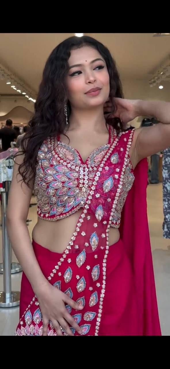 Ready-to-Wear Red Faux Georgette Saree with Sequin Work