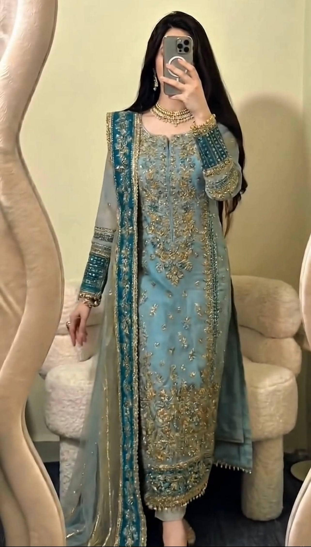 Teal Blue Fox Georgette Suit Set: Heavy Embroidery Sequence Work, Stitched Punjabi Salwar Kameez