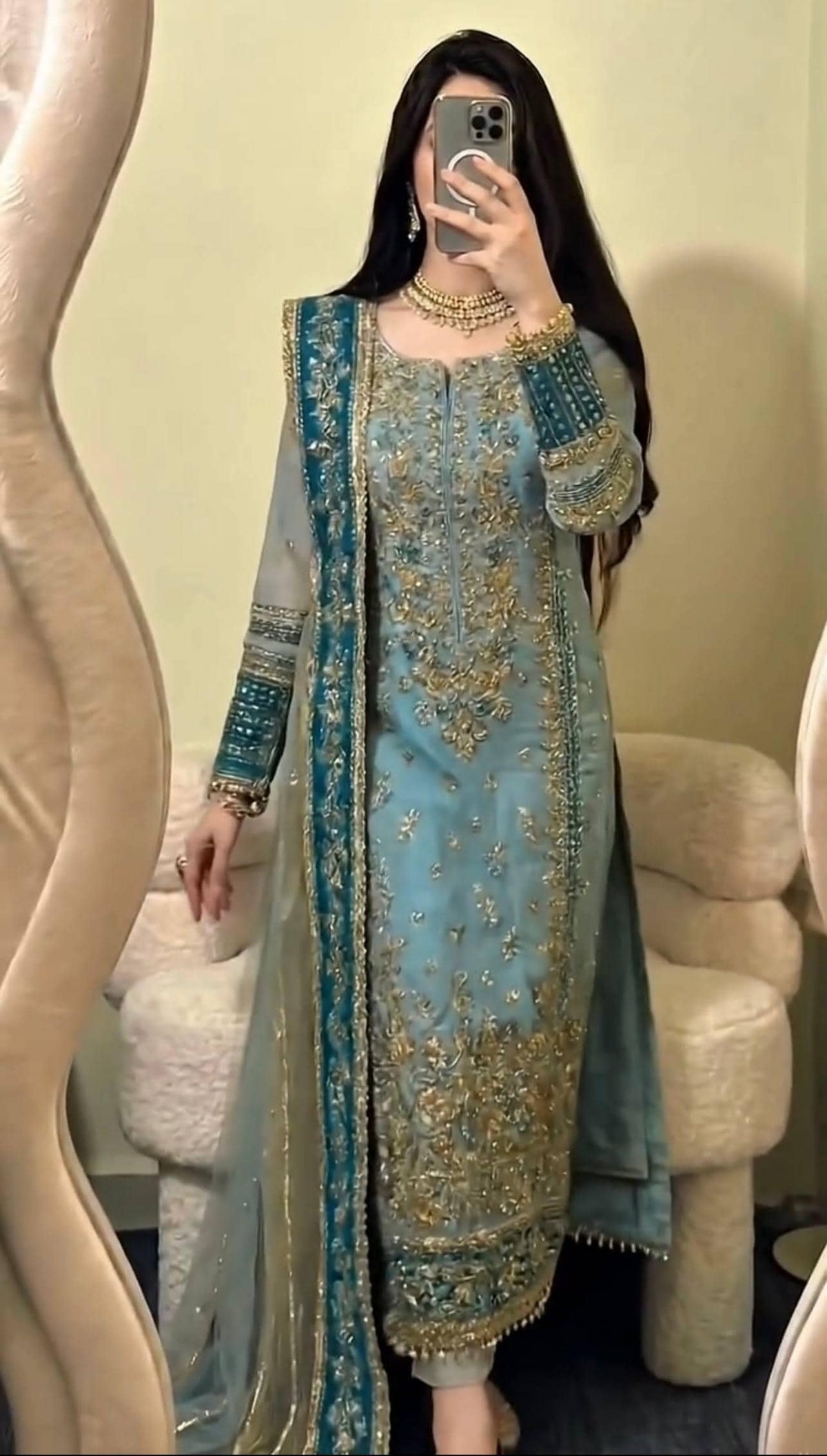 Teal Blue Fox Georgette Suit Set: Heavy Embroidery Sequence Work, Stitched Punjabi Salwar Kameez