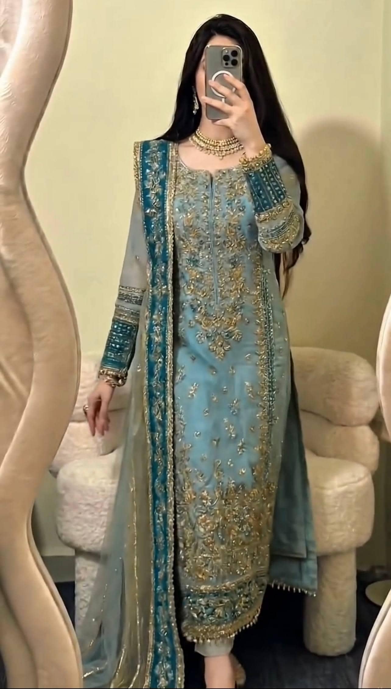 Teal Blue Fox Georgette Suit Set: Heavy Embroidery Sequence Work, Stitched Punjabi Salwar Kameez