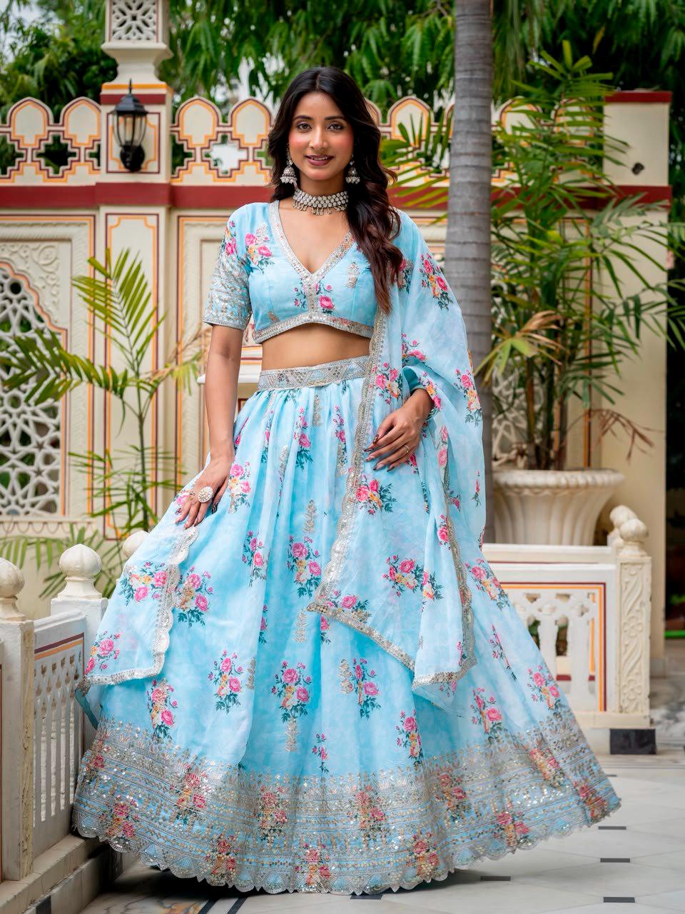 Designer Indian Wedding Lehenga Choli: Sky Blue Georgette Embroidery (Made To Order) Customize Size