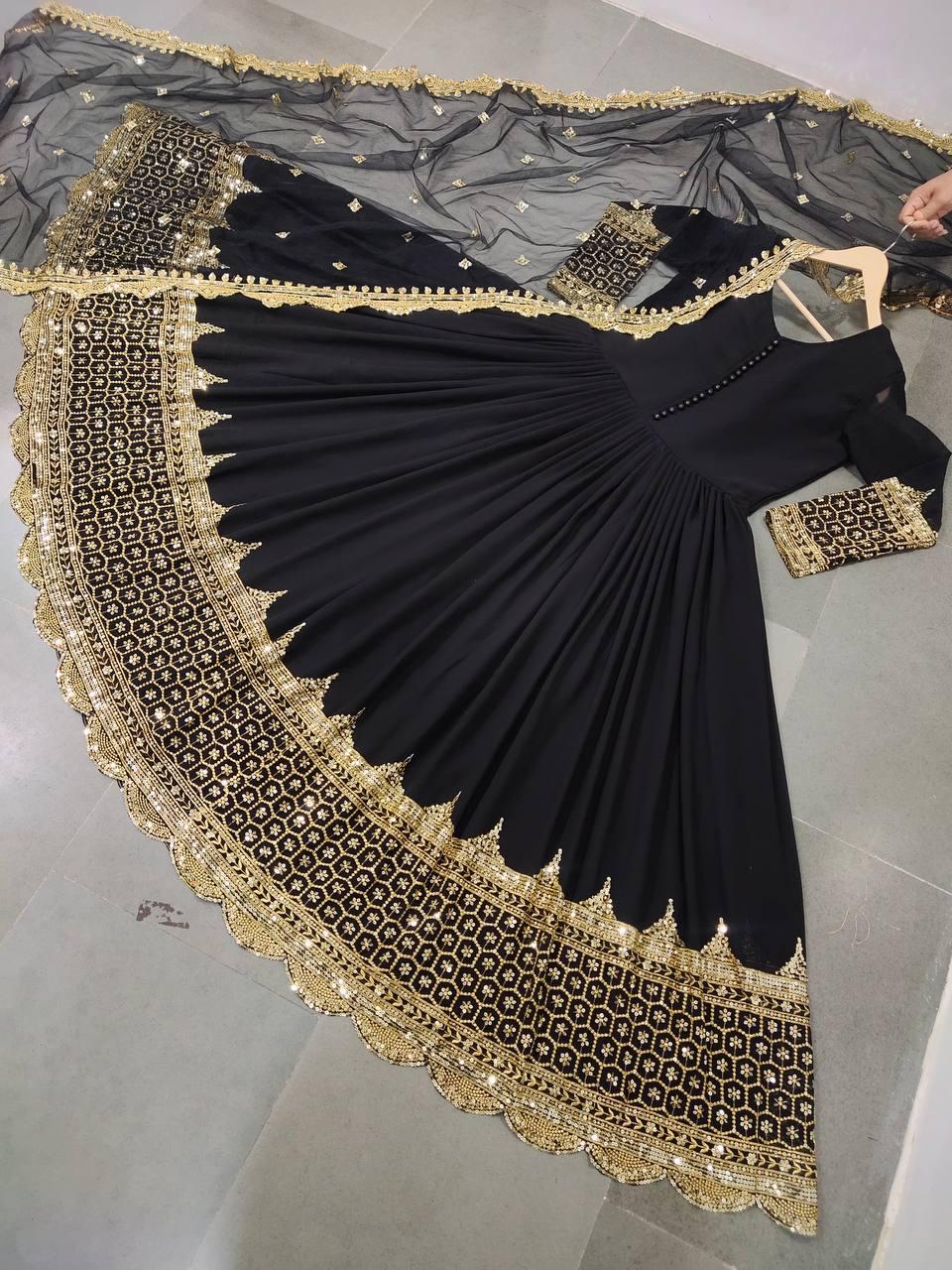 Black Embroidered Anarkali Gown Set, Faux Georgette Sequence Work, Party Wear Ethnic Dress