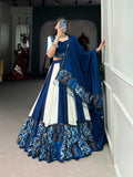 White Blue Mirror Work Lehenga Choli Set | Pure Rayon Dupatta Ensemble