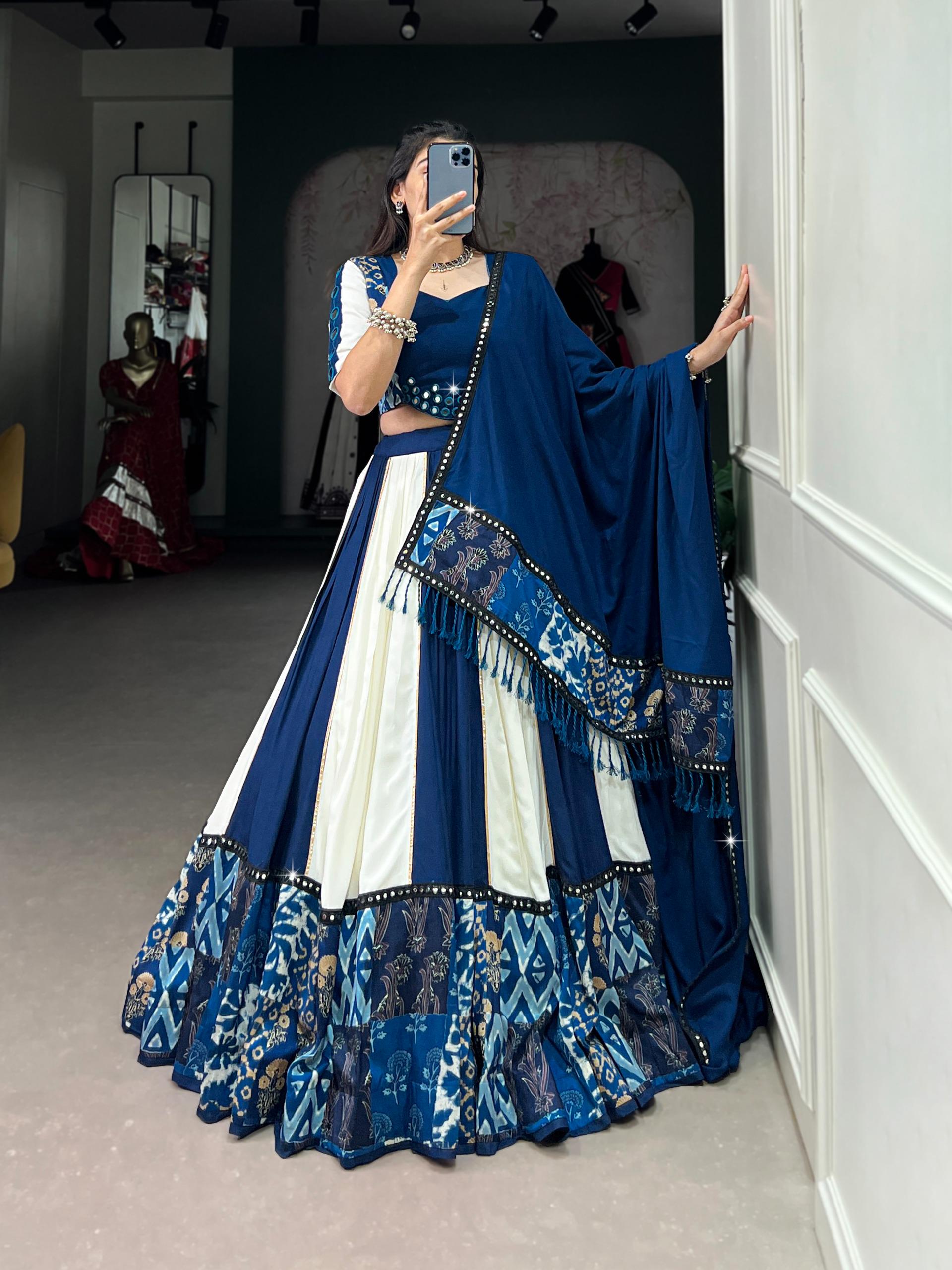 White Blue Mirror Work Lehenga Choli Set | Pure Rayon Dupatta Ensemble