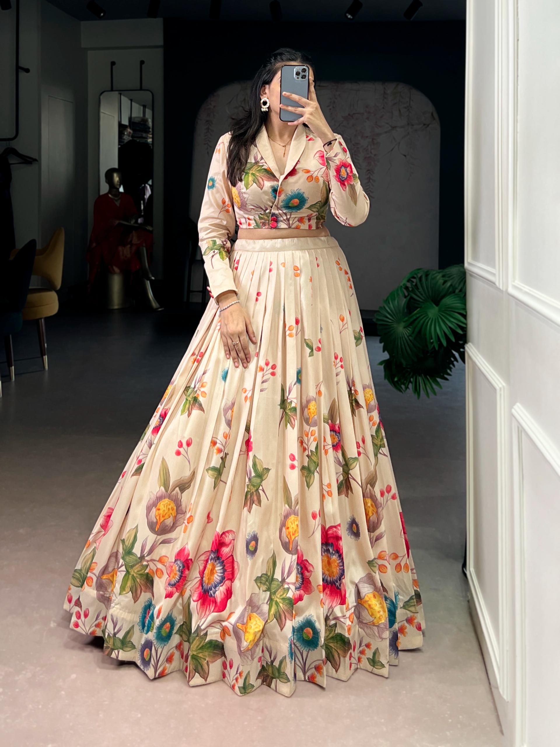 Floral Printed Tasar Silk Lehenga Choli, Indian Wedding Party Outfit (Ready to Wear)