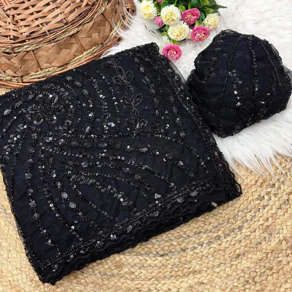 White & Black Soft Net Saree with Beadwork & Cutwork Border