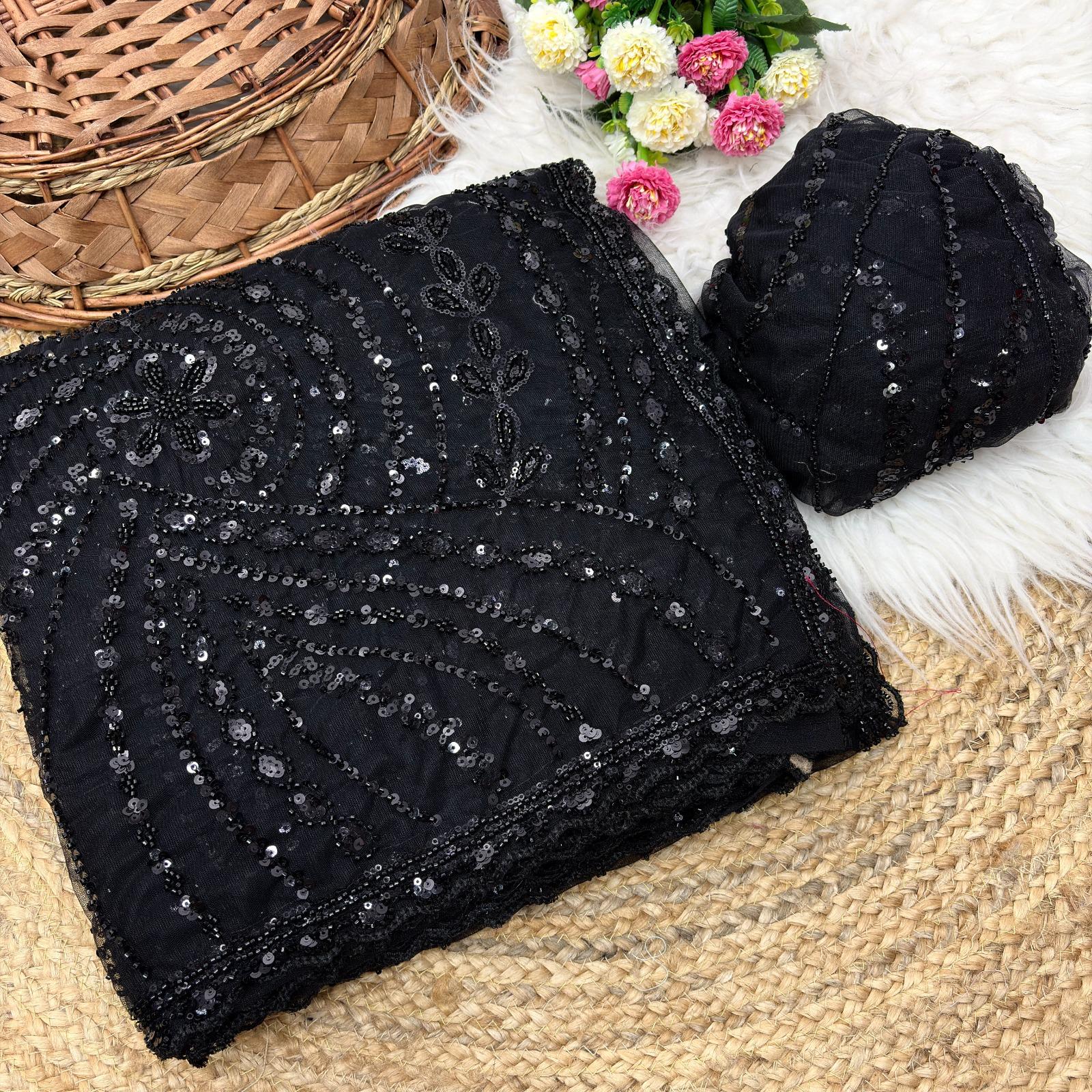White & Black Soft Net Saree with Beadwork & Cutwork Border