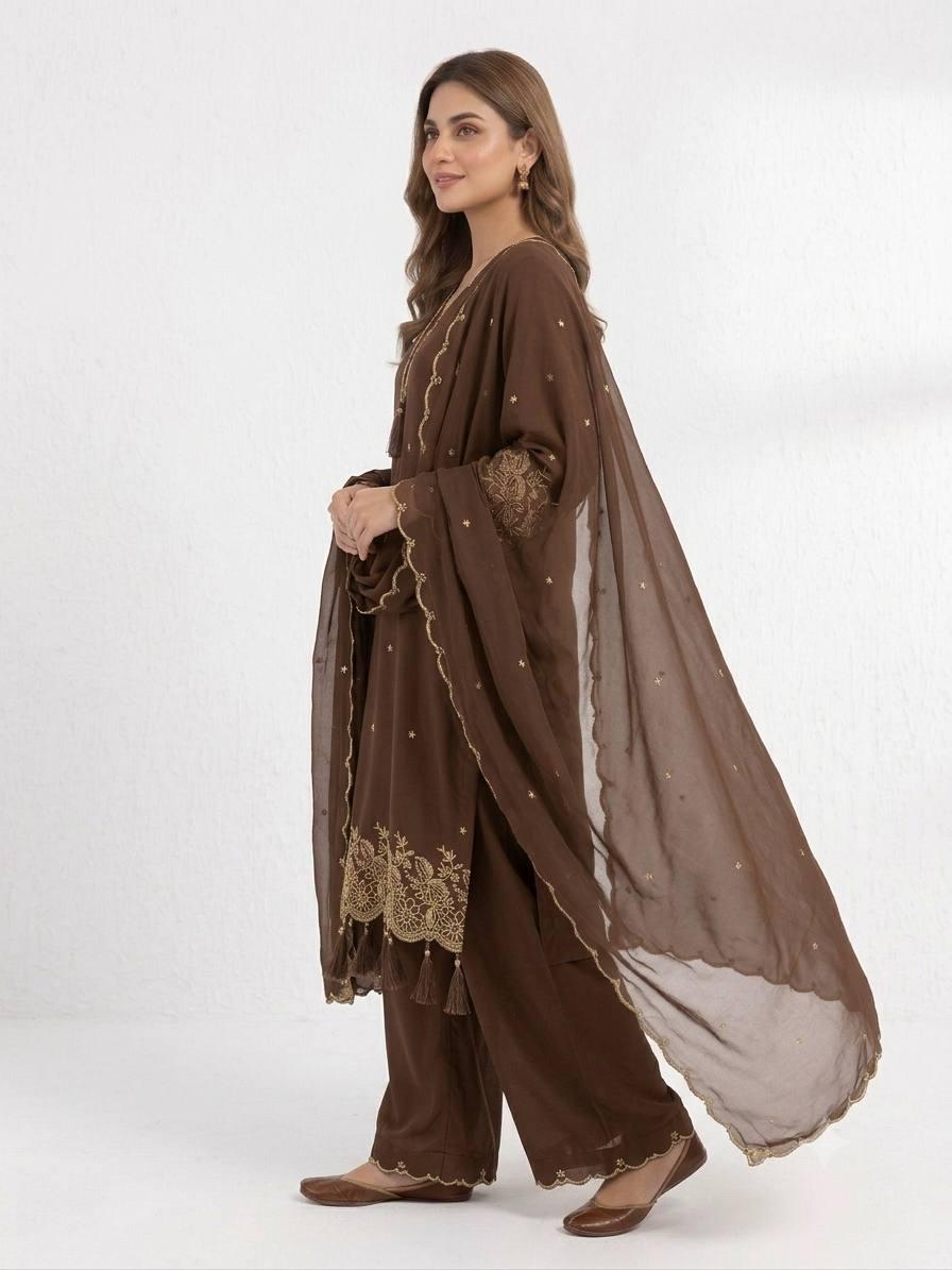 Embroidered Brown Rayon Kurta Salwar Set with Dupatta | Festive Indian Wear