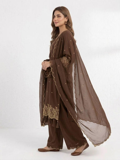 Embroidered Brown Rayon Kurta Salwar Set with Dupatta | Festive Indian Wear