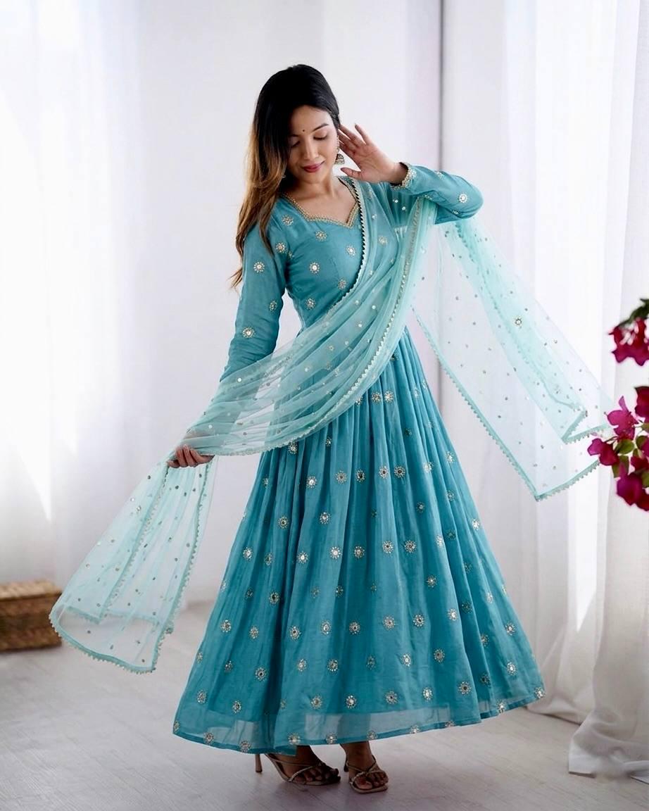 Blue Silk Gown, Long Sleeve Mirror Work, Full Flair Prom Dress