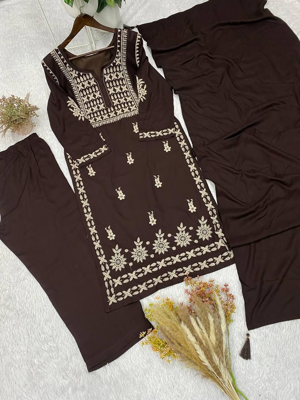 Embroidered Brown Rayon Kurta Salwar Set with Dupatta | Festive Party Wear