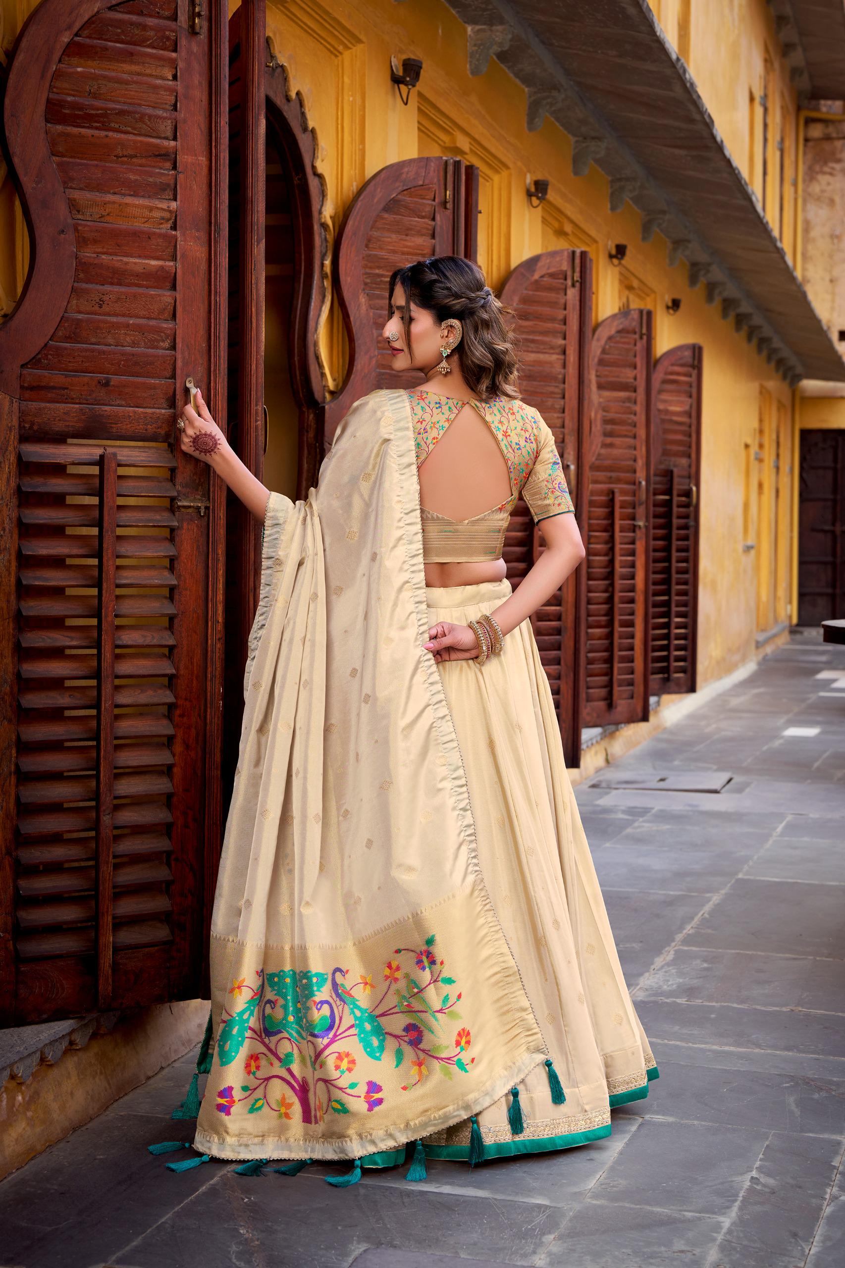 Paithani Silk Lehenga Choli — Cream & Gold Zari Weave