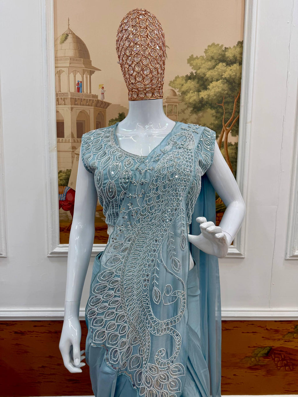 Ready-to-Wear Blue Silk Drape Saree with Sequins Work Blouse