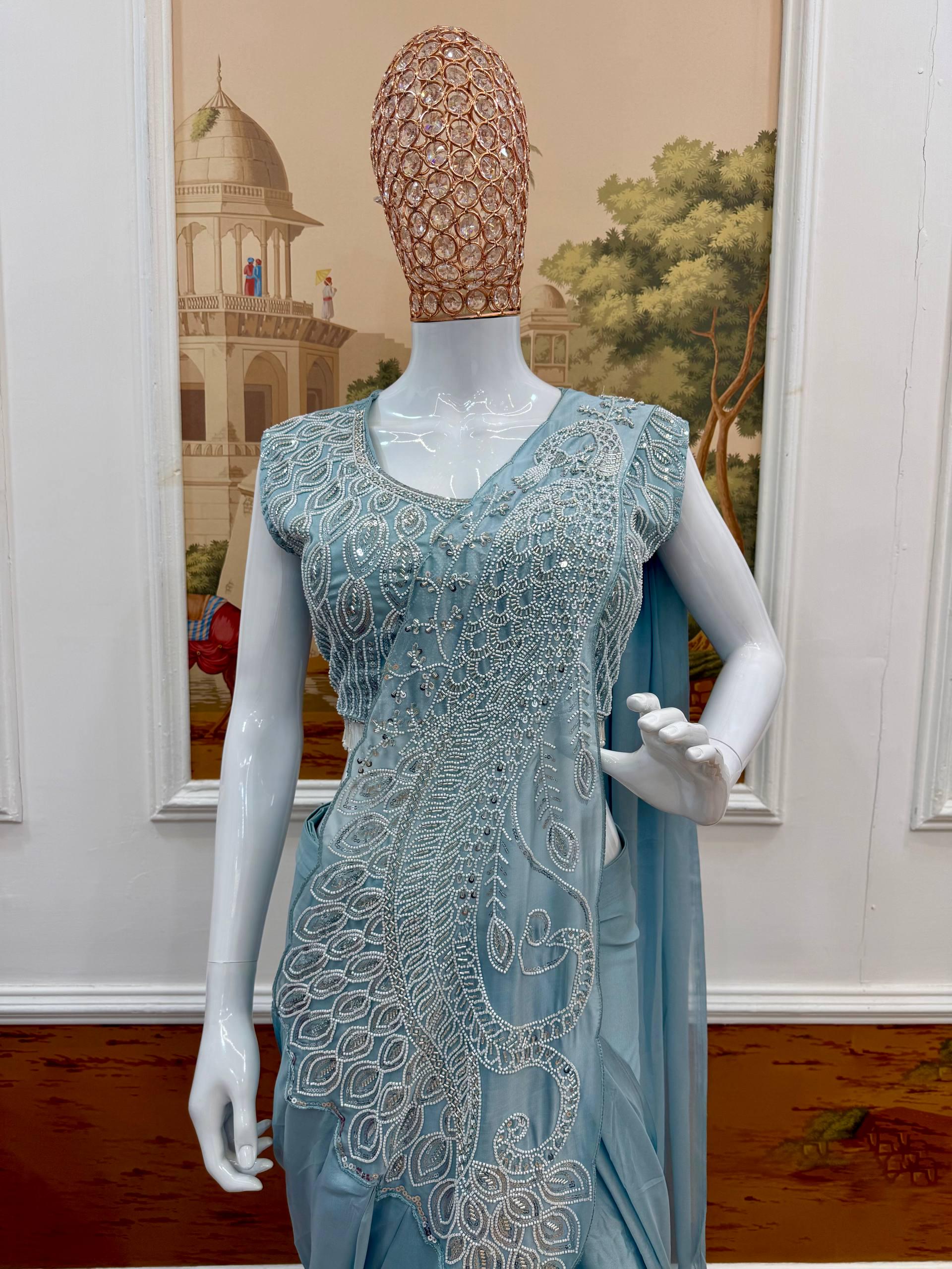 Ready-to-Wear Blue Silk Drape Saree with Sequins Work Blouse