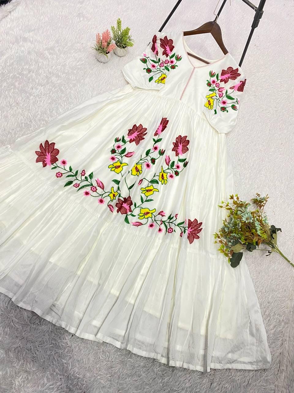 Trendy Rayon Embroidered Maxi Gown | Summer Friendly Long Flare Dress | Fully Stitched Boho Ethnic Anarkali Gown For Women Party Wear