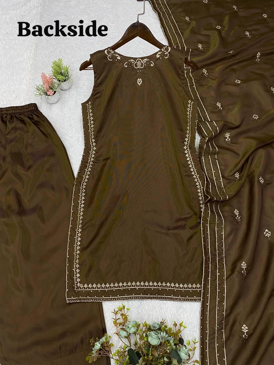 Dark Olive Cose Moss Salwar Suit | Sequence Embroidery, Bead-Coins Tassels